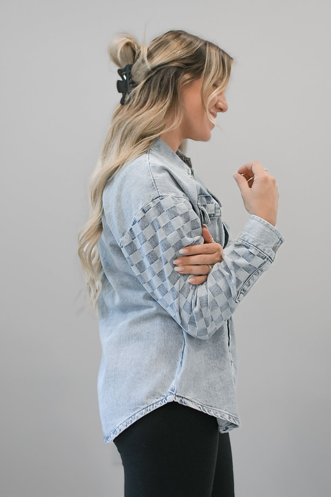 Men's Light Wash Checkered Denim Shacket - Casual Overshirt for Fall & Winter | Streetwear, Layering, Outdoor Activities