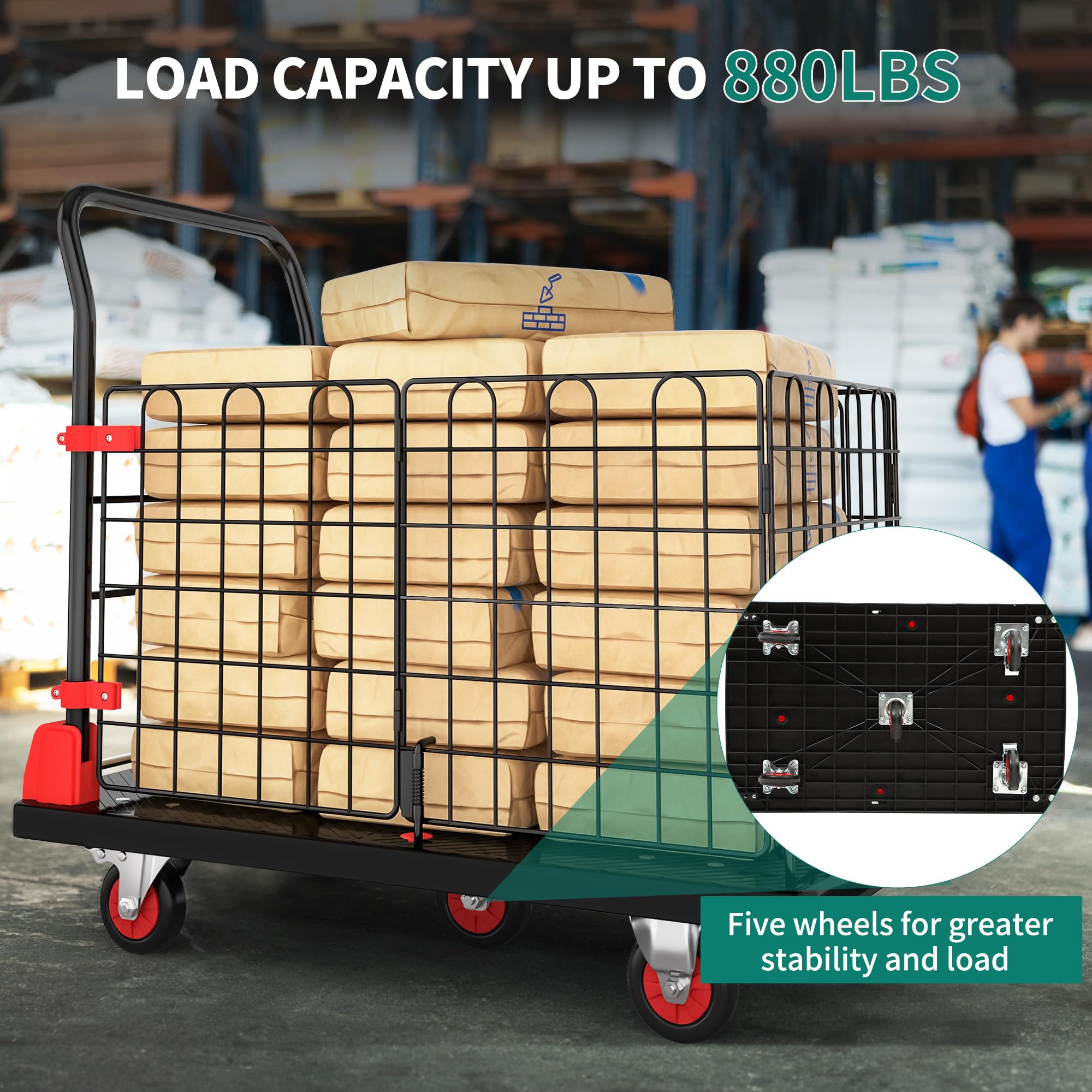 YITAHOME 42 x 26 Inch Heavy Duty Folding Platform Truck Cart with Cage - 1000LBS Capacity, Wheels & Foldable Basket - Perfect for Warehouse, Office, Home Moving & Luggage Transport