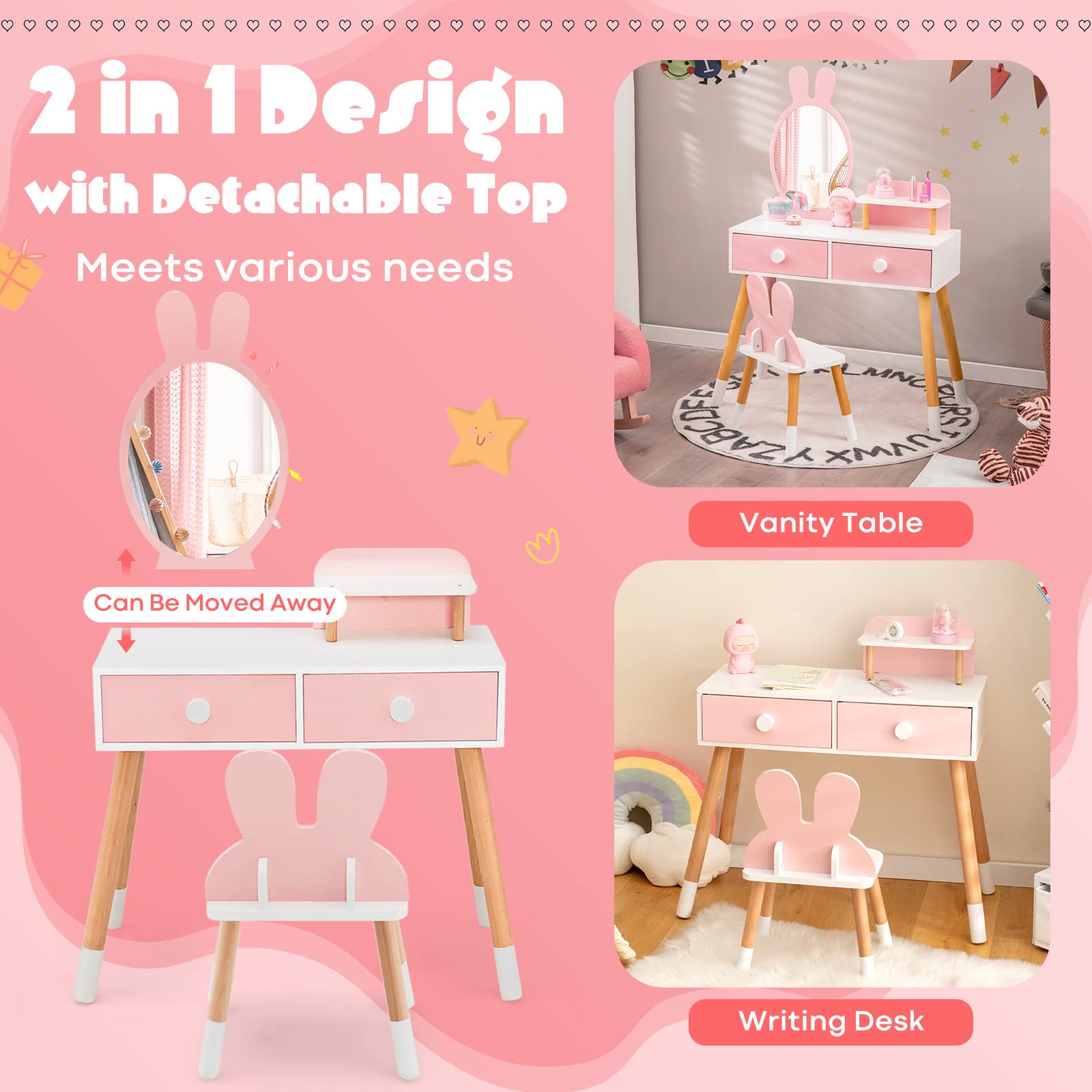 HONEY JOY Kids Vanity Set - Rabbit Themed Wooden Makeup Table & Chair with 2 Large Drawers, Beech Wood Legs, Princess Dressing Beauty Table for Girls - Pink Vanity with Mirror & Stool | Perfect for Bedroom Decor, Birthday Gifts & Pretend Play