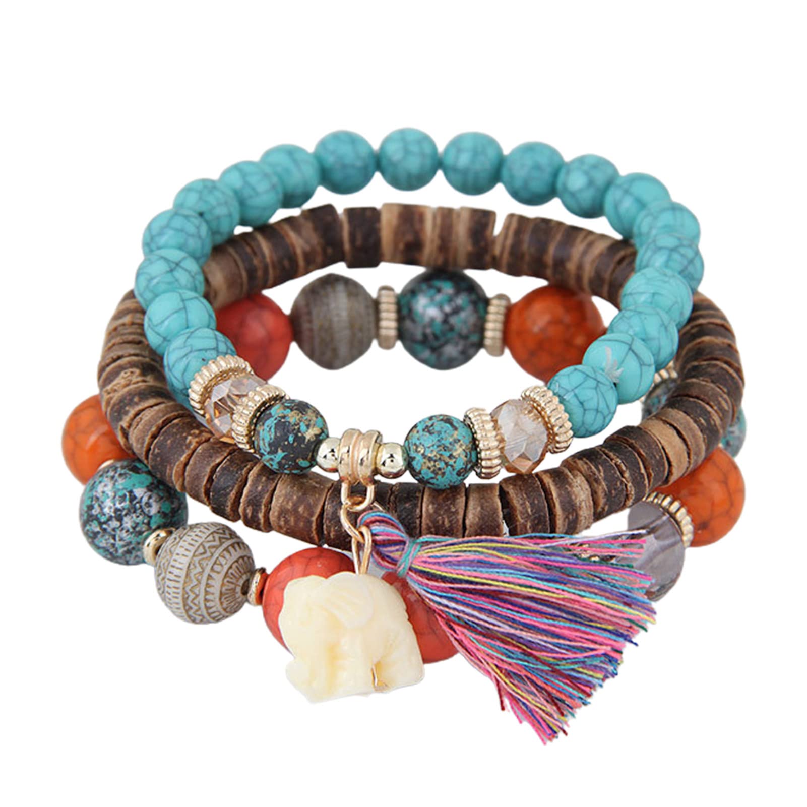 Adjustable Bohemian Beaded Bracelet Set for Women & Girls - 3Pcs Elastic Multilayer Resin Bracelets with Elephant Tassel Charms - Fashion Jewelry Gift for Her - Perfect for Casual Wear, Festivals & Boho Style Accessories