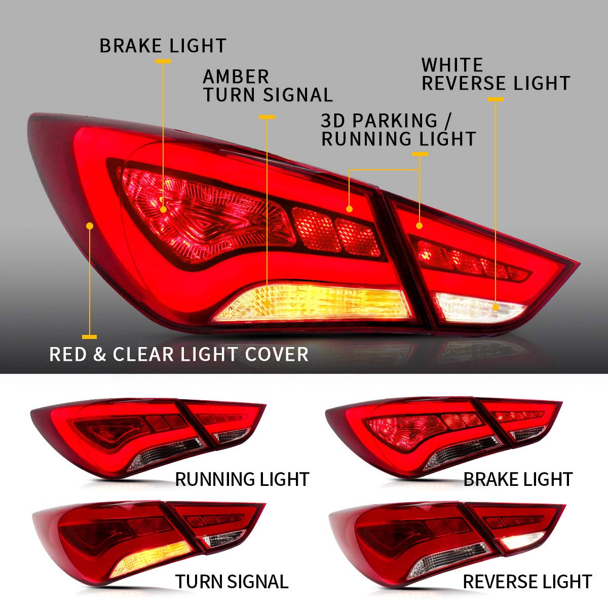 YUANZHENG Full LED Tail Lights for Hyundai Sonata 2011-2014 (6th Gen Sedan) - Red & Clear Brake/Reverse/Turn Signal Lights - YAB-SNT-0209A - Perfect for Night Driving & Enhanced Safety