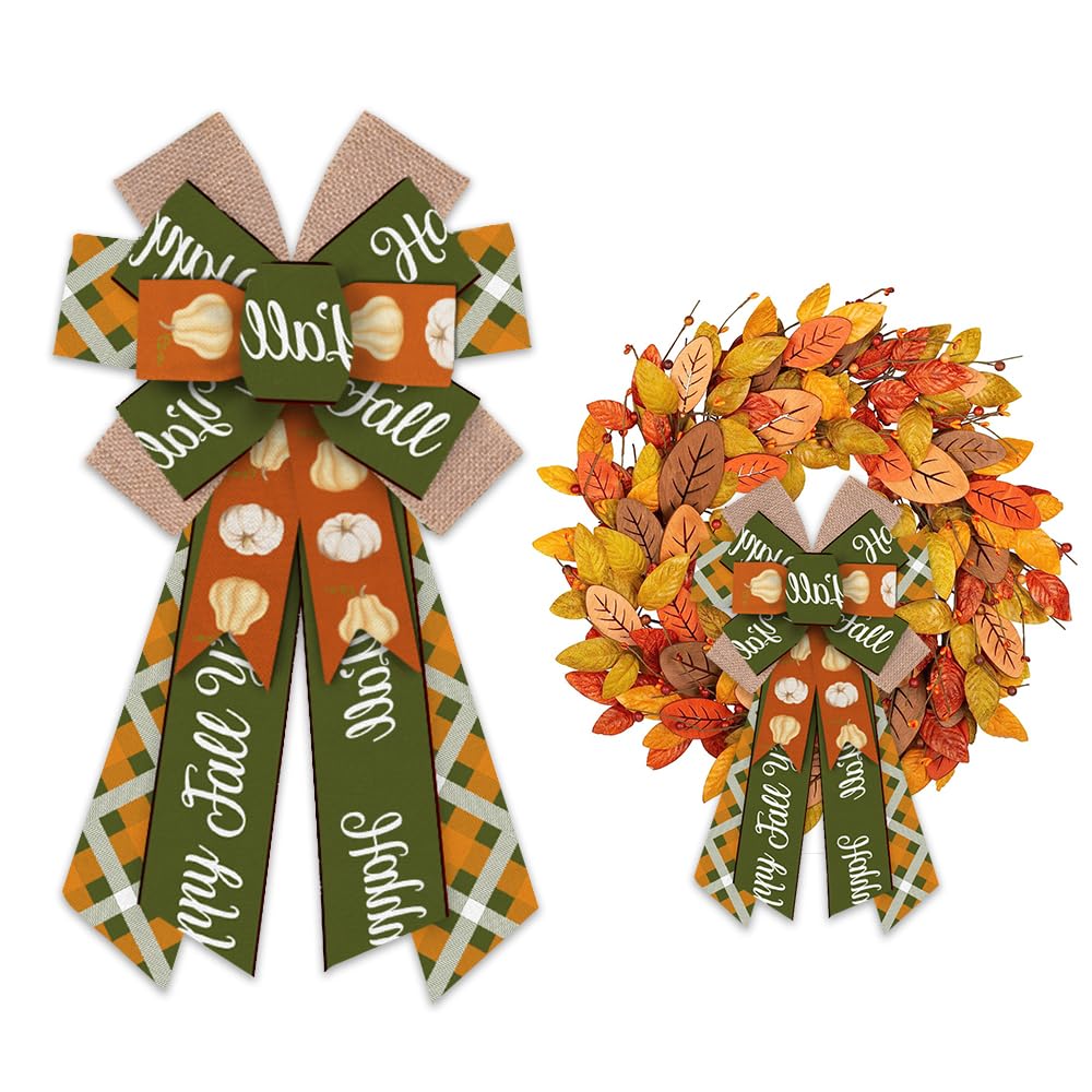 ABTOLS Large Fall Wreath Bows - Orange Green Buffalo Plaid Burlap Bows for Autumn Wreaths, Pumpkin Decor & Farmhouse Style | Perfect for Front Door, Thanksgiving Tree, Indoor & Outdoor Holiday Decoration | Great for Seasonal Home Decor, Thanksgiving Parties & Fall Festival Displays