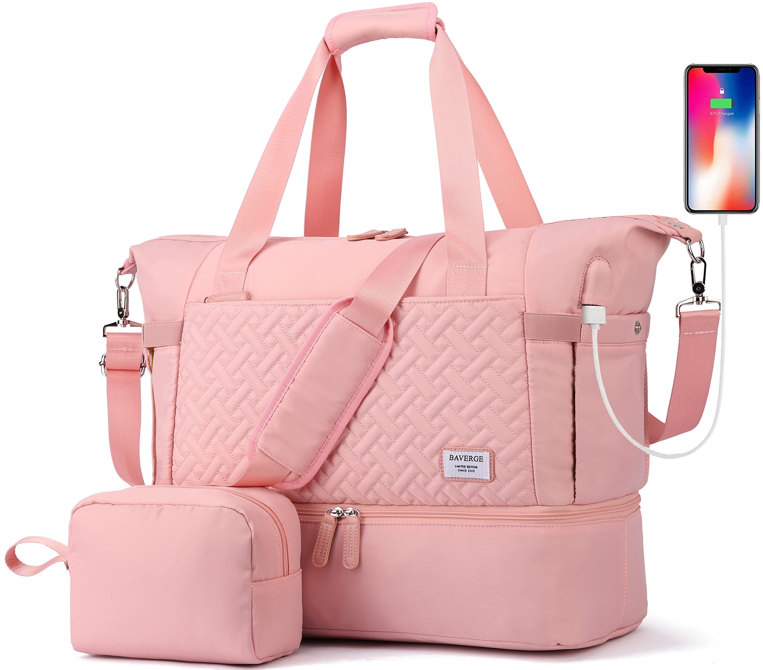 BAVERGE Women's Weekender Travel Bag with Shoe Compartment & USB Charging Port - Gym Tote Bag with Trolley Sleeve for Weekend Getaways, Business Trips & Workout Sessions