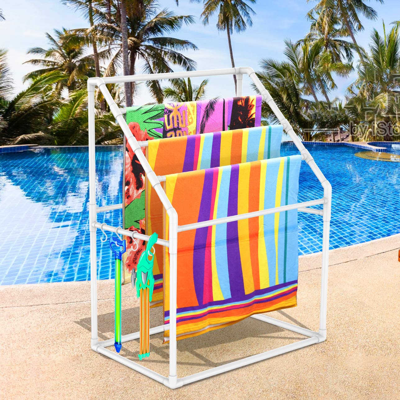 Heavy Duty Vertical Poolside Pipe Towel Rack - PVC Outdoor Towel Holder with 4 Clips & Hammer for Pool, Lake, RV, Beach, Gym, Spa, and Backyard