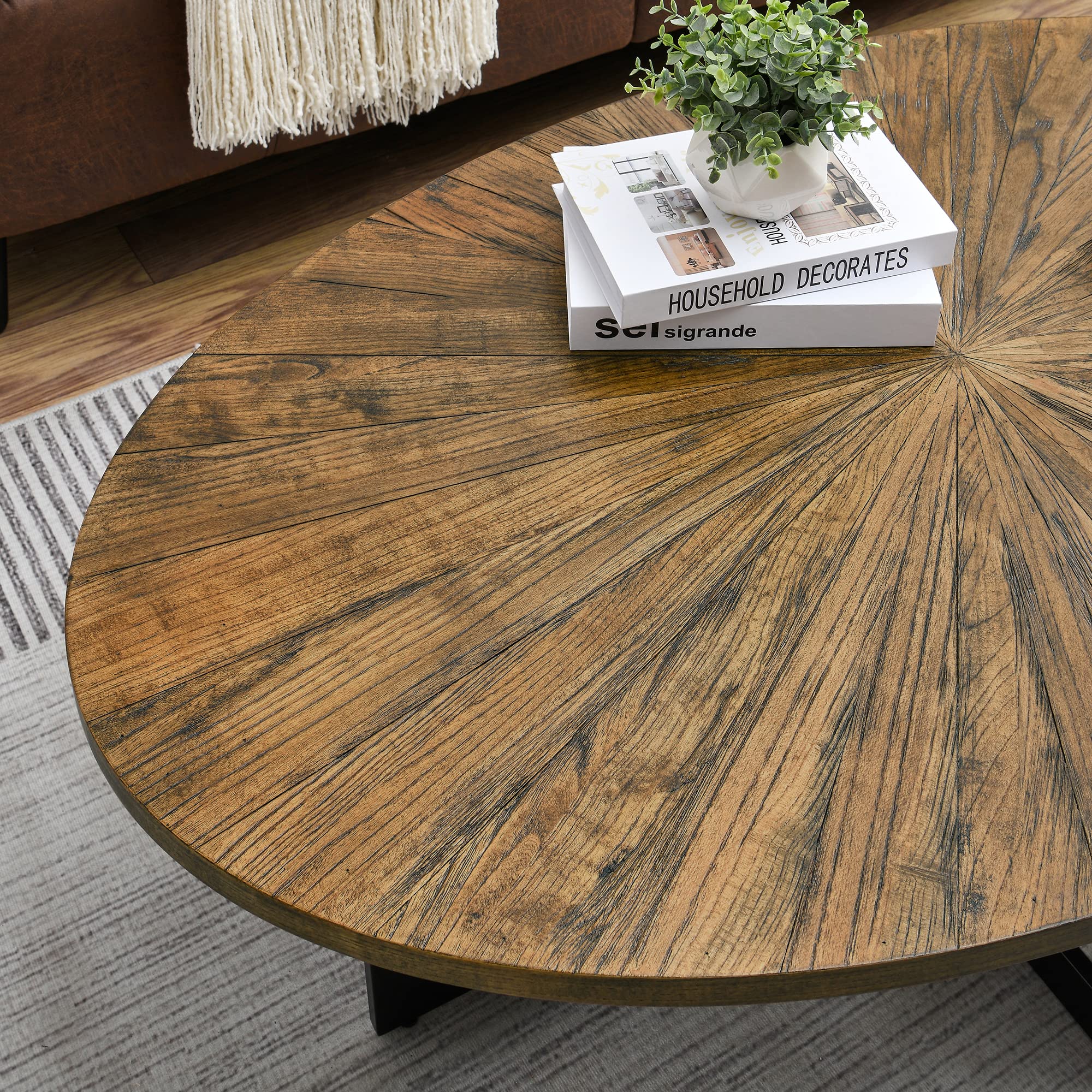 Solid Wood Oval Coffee Table with Cross Metal Legs - 47.9