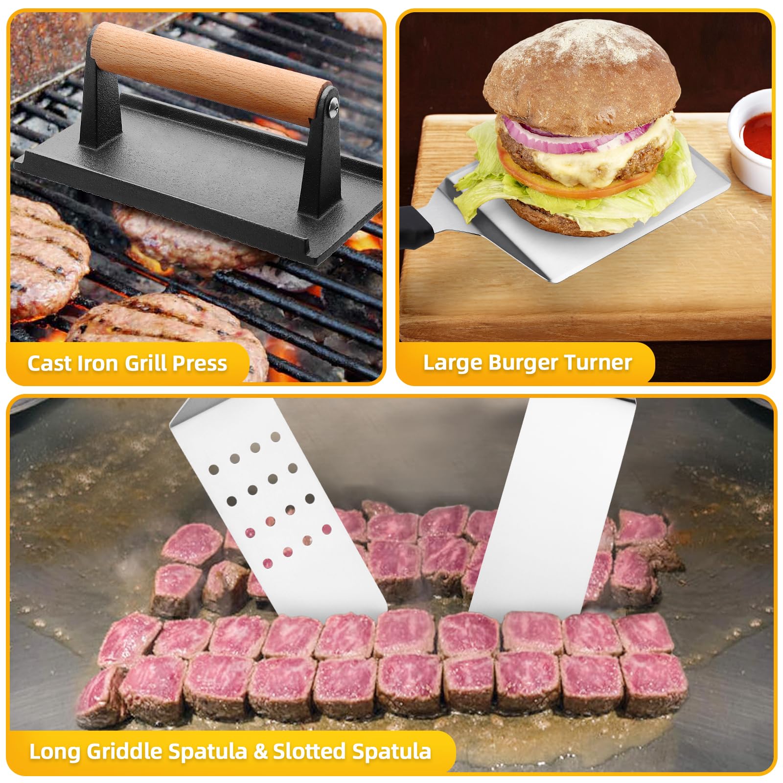 10PCS Griddle Accessories Kit - Flat Top Grill Tools Set with Smash Burger Press, Enlarged Spatulas & Scraper - Compatible with Blackstone & Camp Chef Grills - Perfect for Outdoor BBQ, Camping & Backyard Cooking