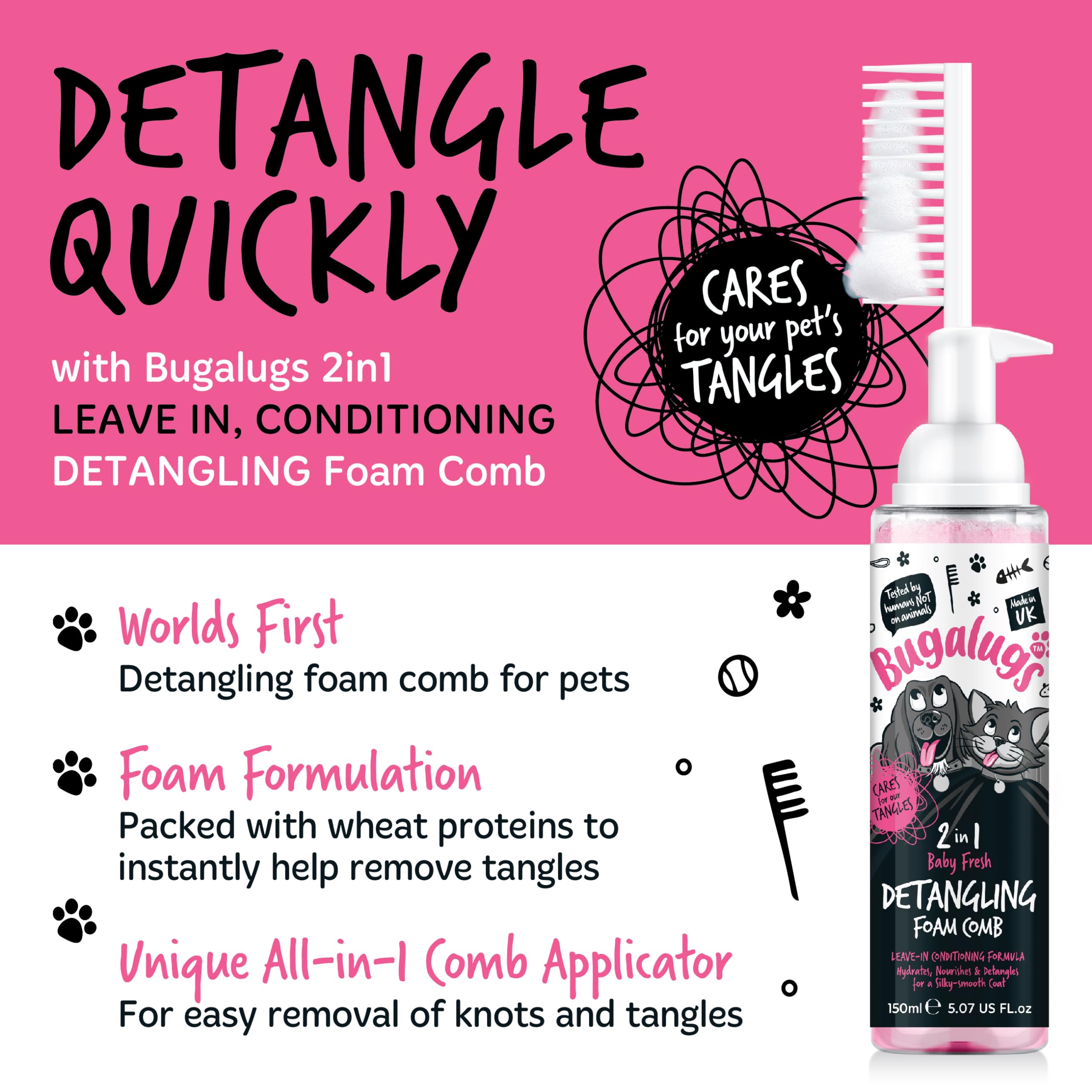 Bugalugs Pet Detangler Foam Comb - Leave-In Conditioner Spray for Dog Grooming, Detangling & Knot Removal with Wheat Protein (Baby Fresh Scent) - Perfect for Daily Coat Care & Professional Grooming Sessions