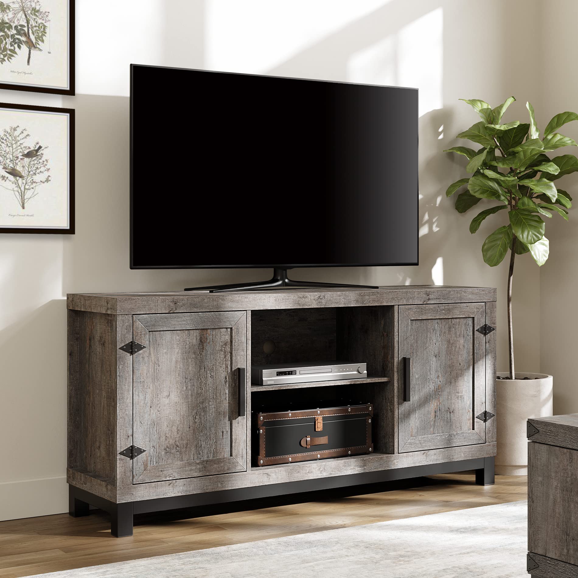 Rustic Farmhouse Barn Door TV Stand for 65 Inch TVs - Entertainment Center with 6 Storage Shelves & 3 Adjustable Cabinets - Gray TV Console for Living Room, Bedroom & Home Theater