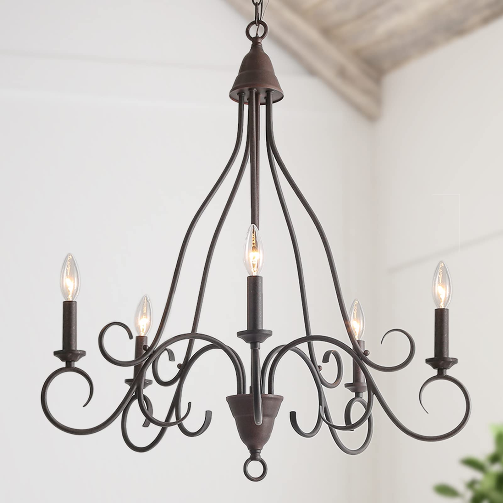 LALUZ 5-Light Transitional Island Pendant Chandelier - Rustic Iron Fixture with Candlesticks, 24