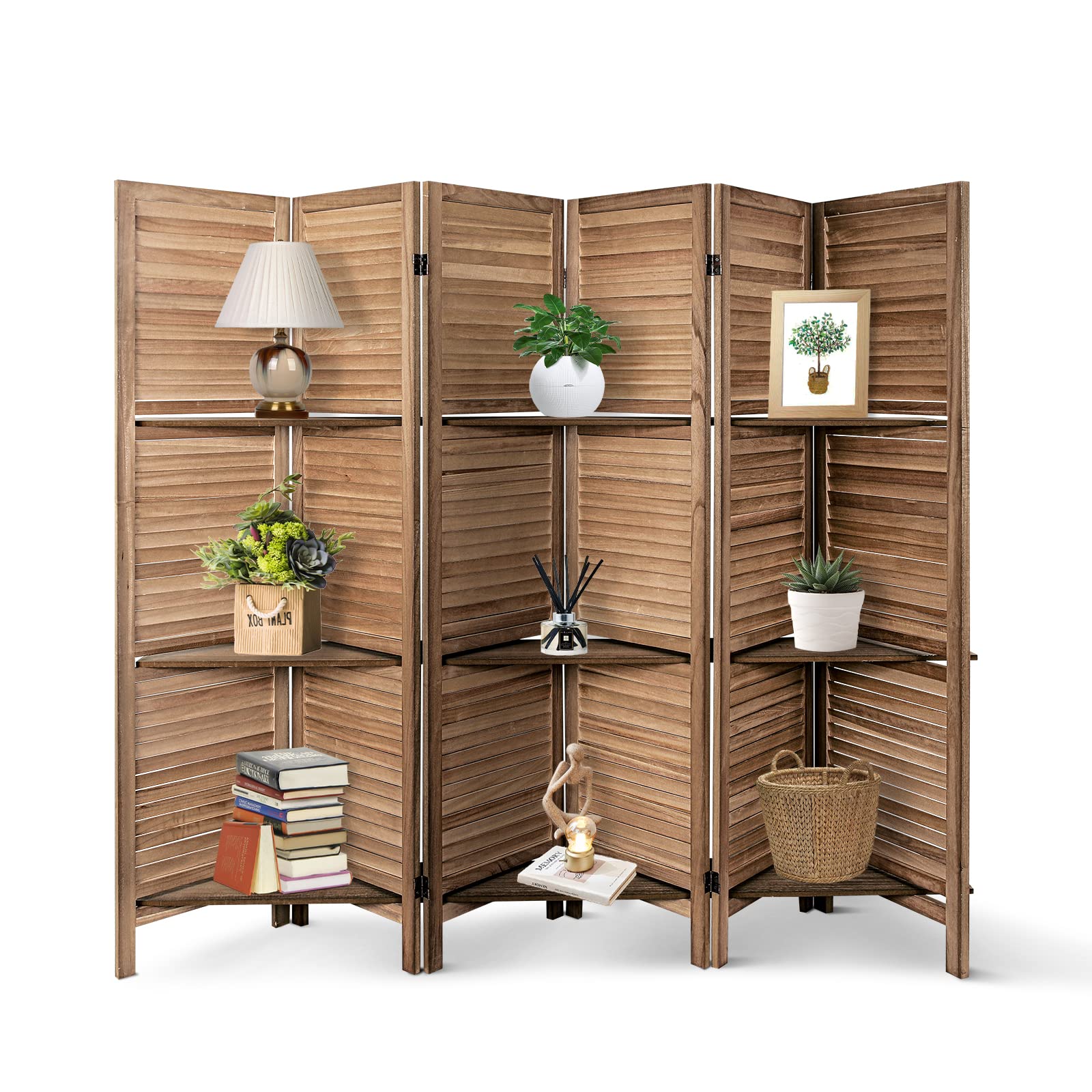 ECOMEX 5.6Ft Wooden Room Divider with Shelves - Fully Assembled Folding Privacy Screen for Bedroom, Office & Living Room - Dark Brown Home Decor Partition