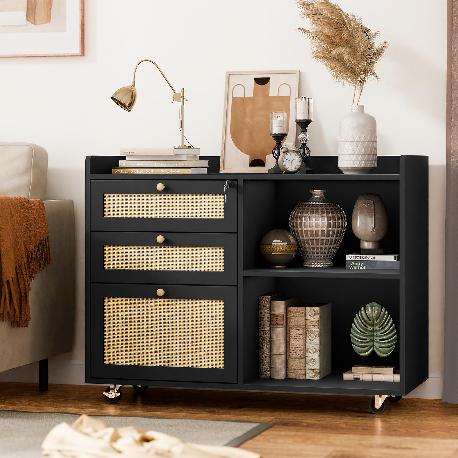Rattan Lateral File Cabinet with 3 Drawers and Shelves - Large Storage Organizer for Home Office, Mobile Printer Stand with Lock - Fits Legal/Letter/A4 Size Documents - Perfect for Organizing Files, Office Supplies, and Workspace Essentials