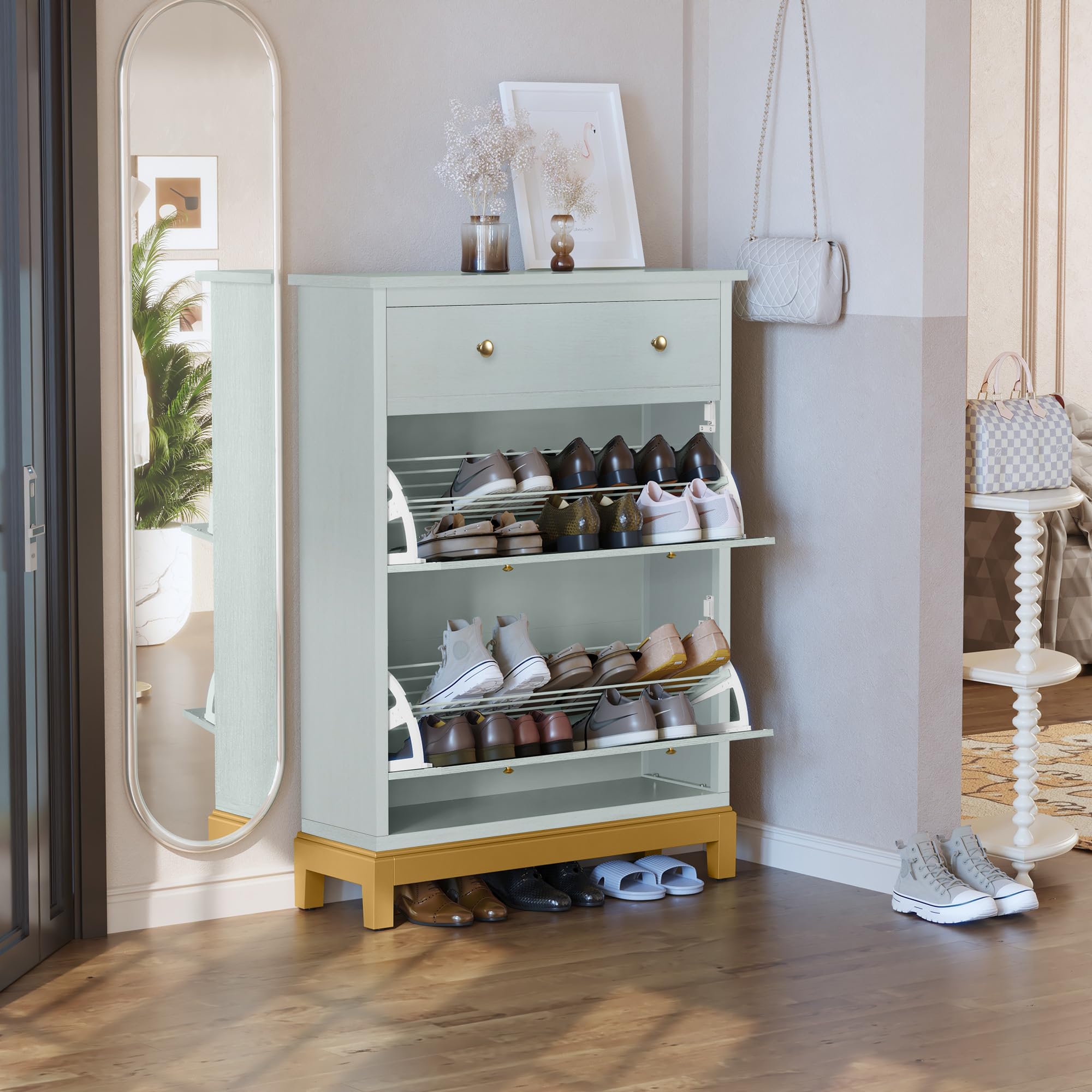 Space Saving Hidden Shoe Cabinet with 2 Flip Doors & 1 Drawer - Freestanding Entryway Shoe Storage Organizer, Narrow Shoe Rack for Hallway, Living Room, Bedroom - Green with Gold Legs - Perfect for Small Spaces & Apartment Entryways