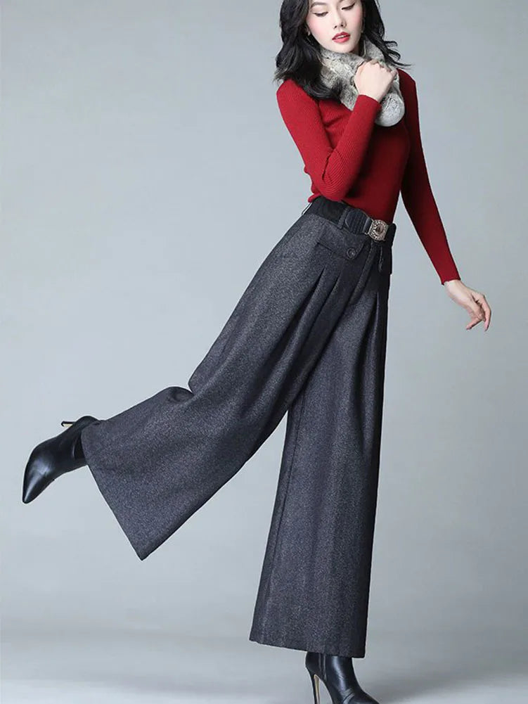 Women's High Waist Wool Blend Wide Leg Pants - Autumn Winter Korean Fashion Oversized Culotte Trousers with Belt | Casual Office Wear & Street Style Outfits