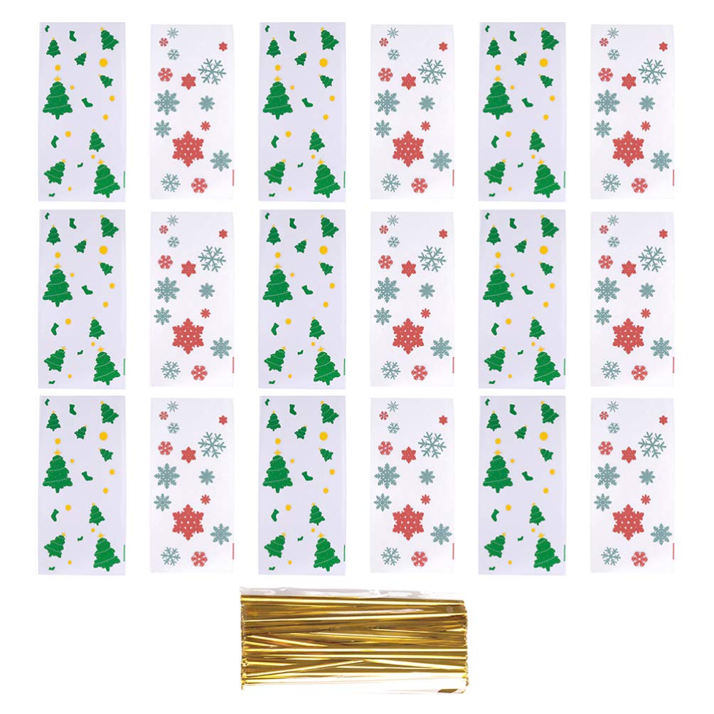 Hemoton 100pcs Clear Christmas Cellophane Bags with Metallic Twist Ties - Perfect for Holiday Cookies, Candy, Biscuits & Bakery Treats - Great for Gift Wrapping, Party Favors & Festive Packaging