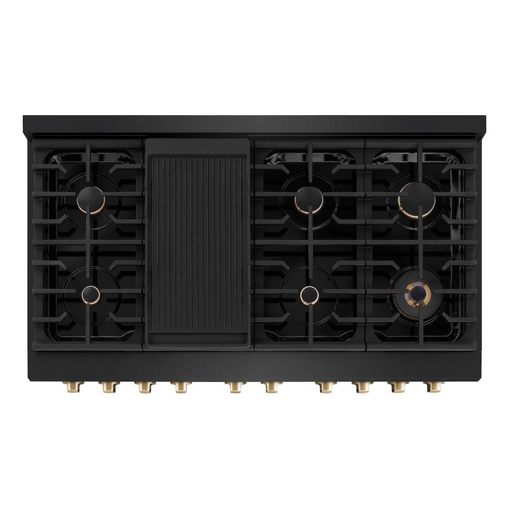 ZLINE Autograph Edition 48-inch 6.7 cu. ft. Paramount Double Oven Gas Range with 8 Burner Cooktop in Black Stainless Steel & Polished Gold Accents - Professional Kitchen Appliance for Home Chefs & Entertaining (SGRBZ 48 G)