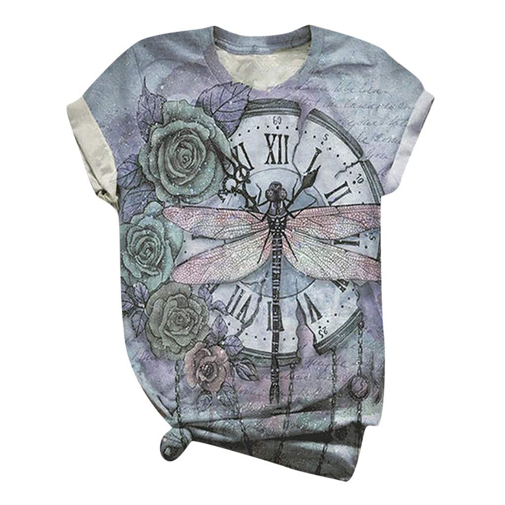 Lozeny Women's Dragonfly Floral Graphic Colorblock Pullover T-Shirt - Short Sleeve Casual Blouse for Sports & Everyday Wear | Comfy Fashion Top for Spring & Summer Outfits