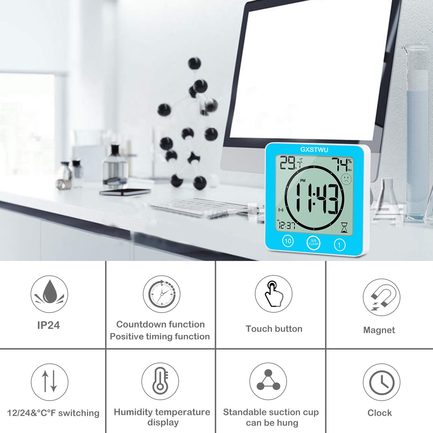 Waterproof Digital Shower Clock with Timer - Touch Screen Bathroom Alarm Clock with Count Up/Down, Temperature & Humidity Display - Wall Mount, Magnetic, Suction Cup or Stand (Blue) - Perfect for Bathroom, Kitchen, Gym & Home Use