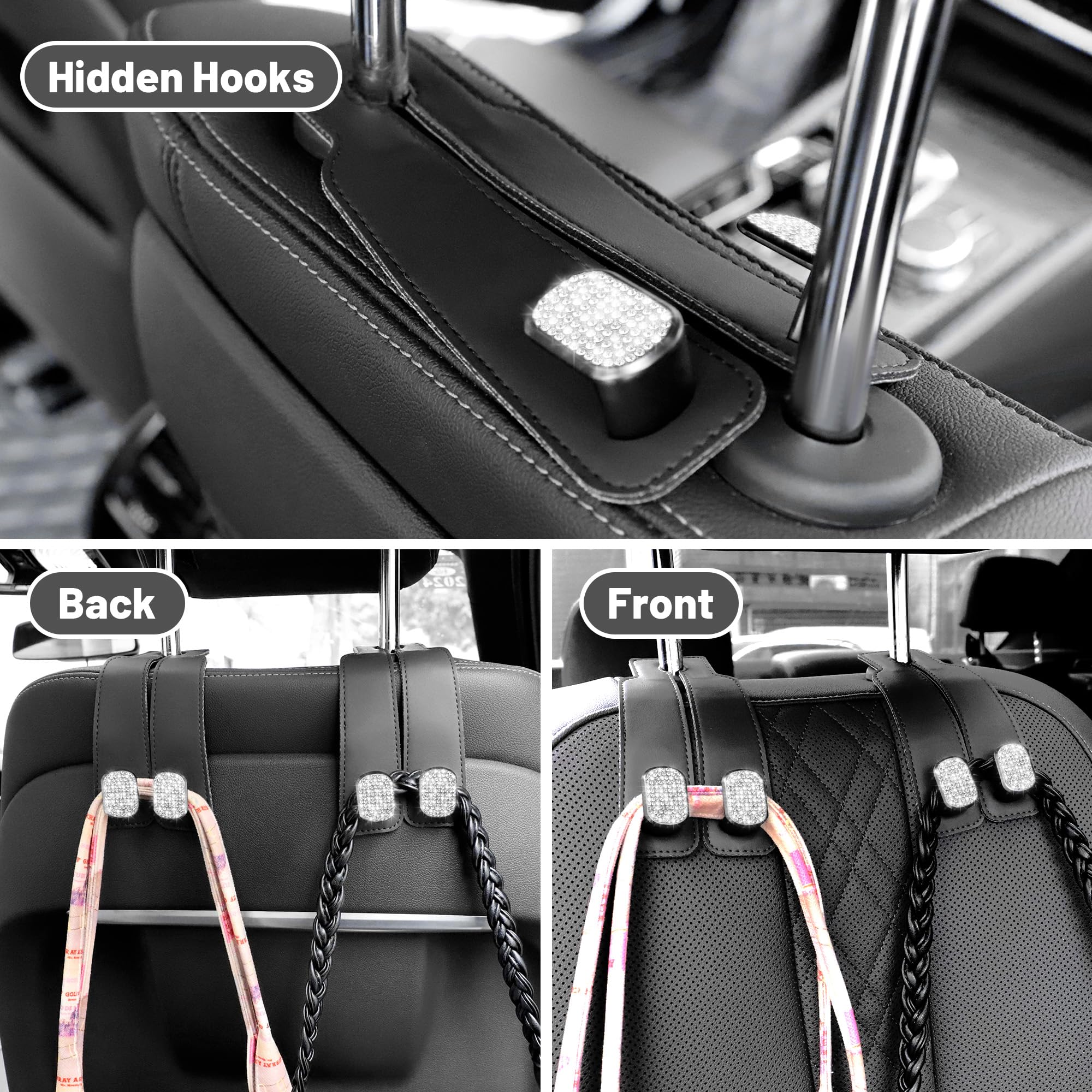 Amelity 2 Pack Black Bling Car Back Seat Headrest Hooks - Durable Purse & Bag Hangers for Car Seats - Perfect for Organizing Handbags, Groceries, and Shopping Bags While Driving