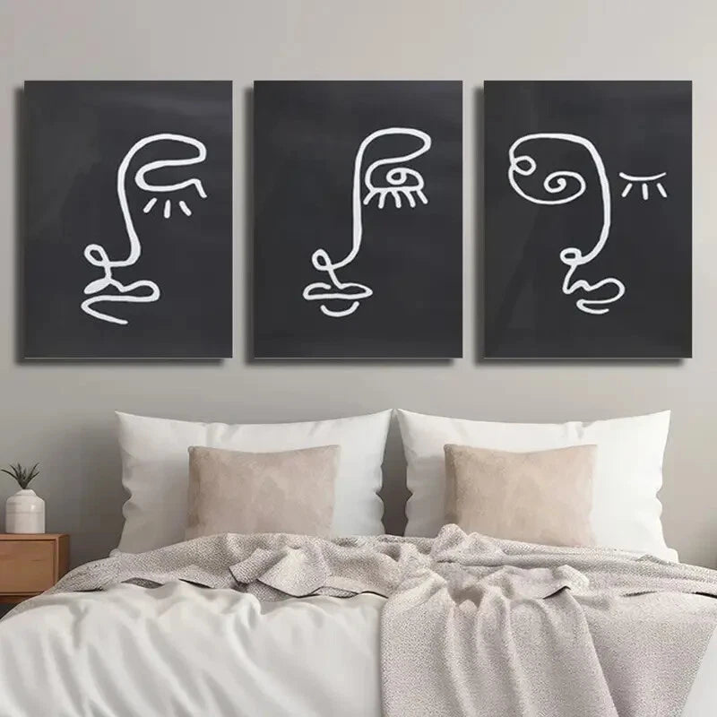 3-Piece Abstract Black and White Line Human Face Metal Wall Art - Ready to Hang Modern Home Decor for Living Room, Bedroom & Office