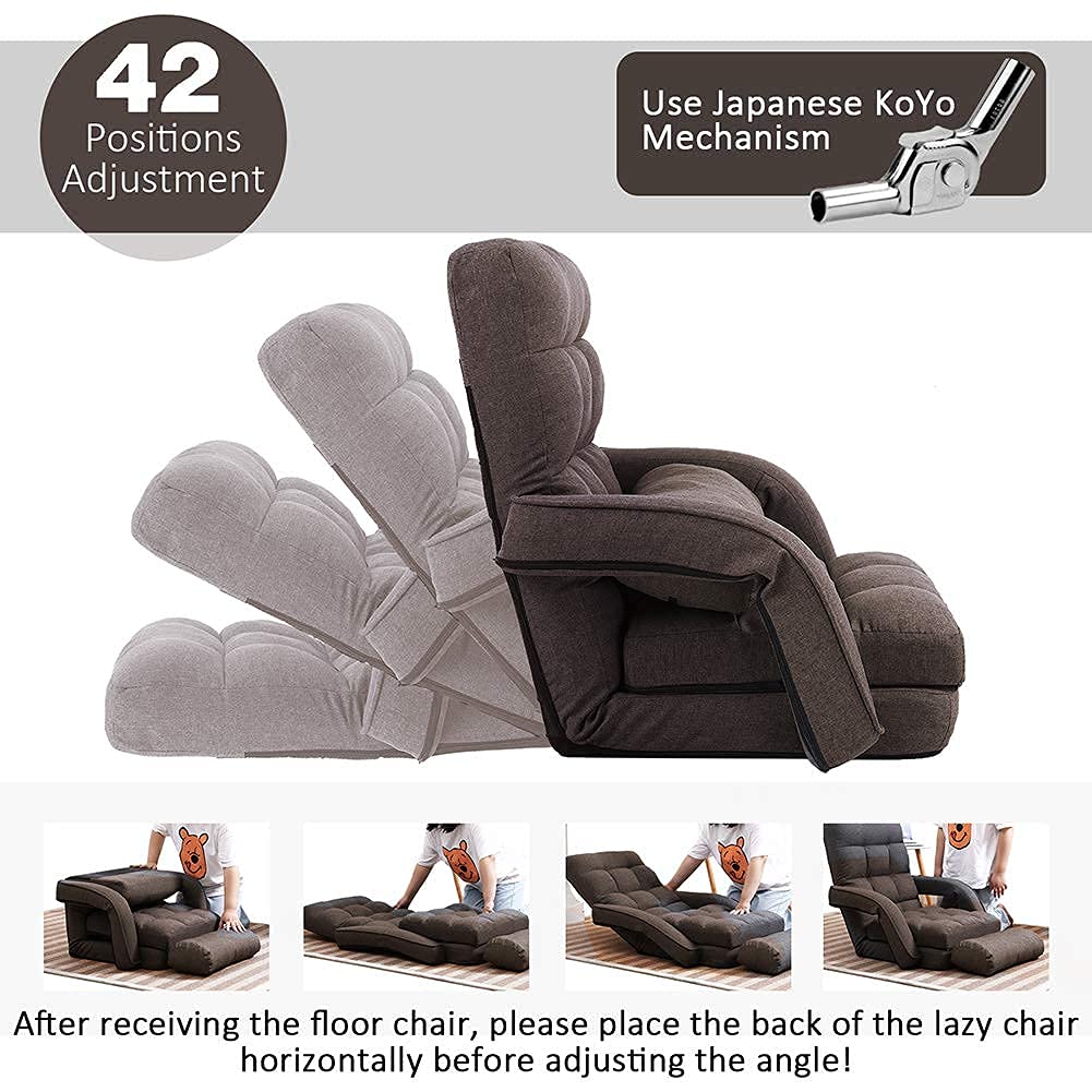FLOGUOR 14-Position Adjustable Floor Chair - Ergonomic Chaise Lounge with Armrests & Pillow - Foldable Lazy Sofa for Adults - Perfect for Gaming, Living Room & Bedroom (Brown 8803CO) - Great for Movie Nights, Reading & Relaxation