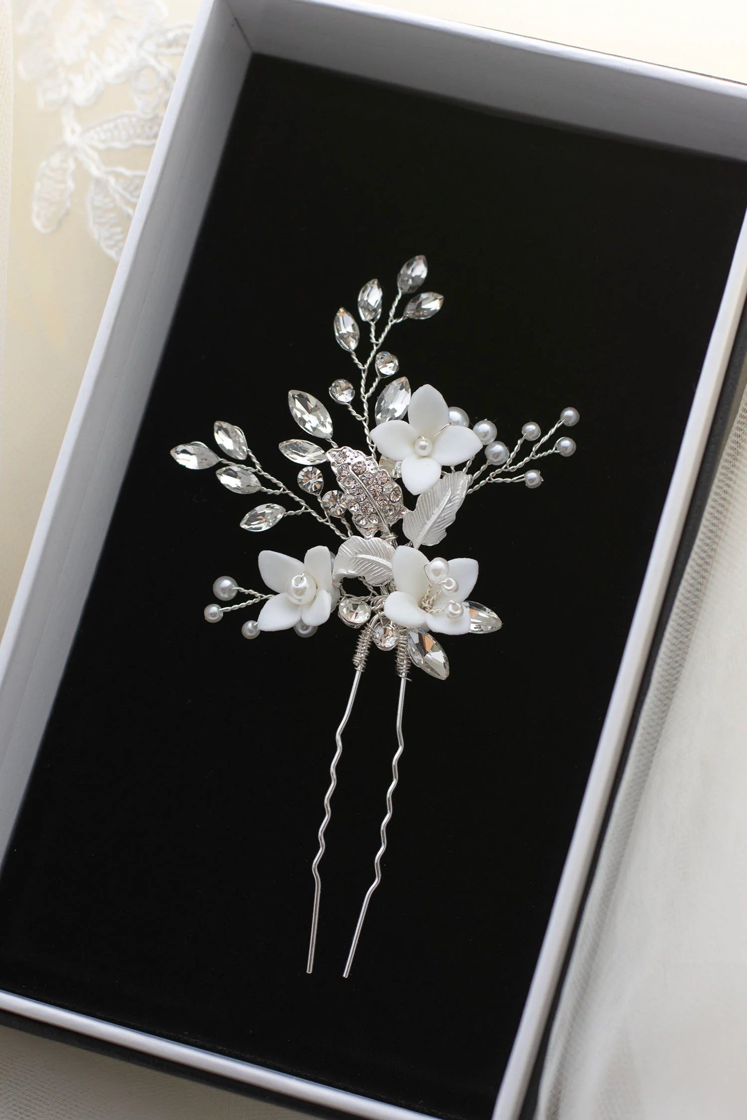 Lana Porcelain Flower Crystal Pearl Bridal Hair Pin - Elegant Wedding Hair Accessory for Brides, Bridesmaids & Special Occasions