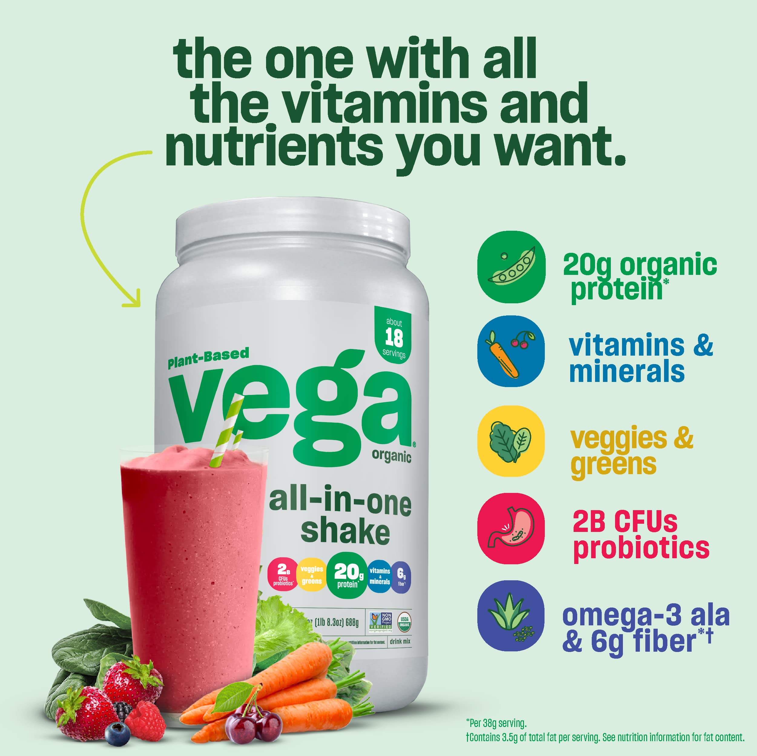 Organic Vega Protein Powder - Berry Flavor, 24.3oz (Large) | Plant-Based Protein Shake for Muscle Recovery & Post-Workout | Vegan, Gluten-Free, Non-GMO | Smoothies & Healthy Breakfasts