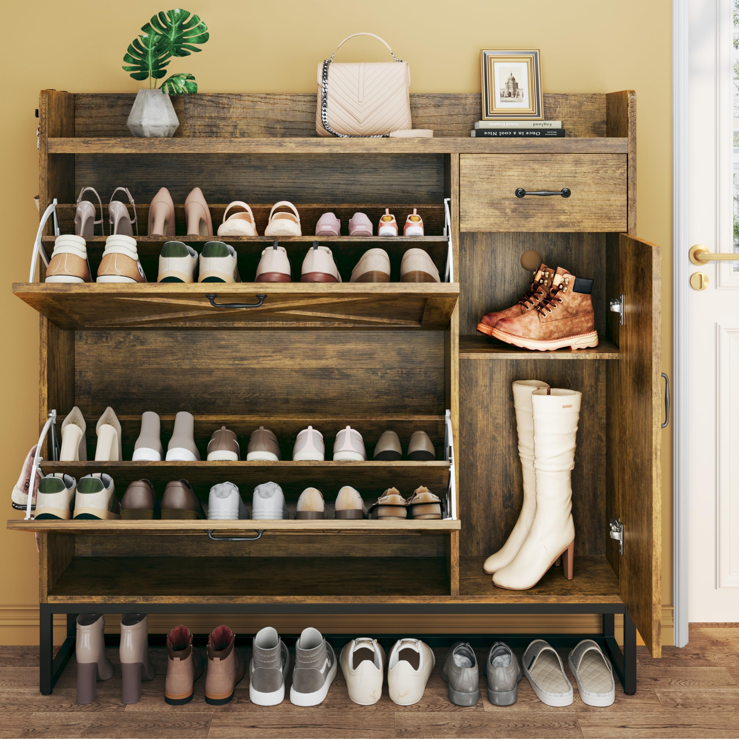 Freestanding Shoe Storage Cabinet with 2 Flip Drawers & Side Cabinet - Adjustable Shelves Shoe Organizer for Entryway, Hallway, Living Room - Brown Wooden Shoe Rack for Home Organization & Closet Storage