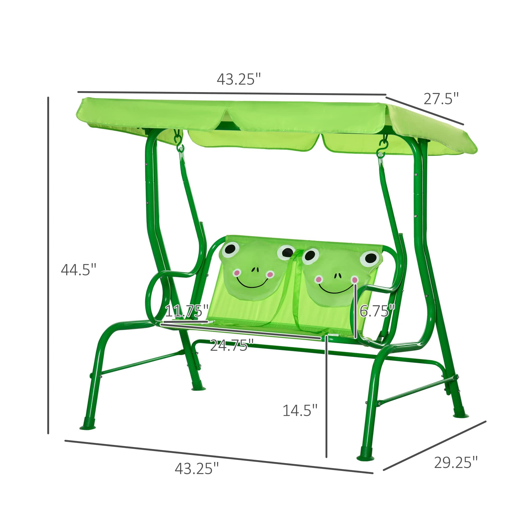 Outsunny Kids Porch Swing with Adjustable Sun Canopy & Safety Seatbelts - Green Frog-Themed Outdoor Swing Chair for Ages 3-6 | Perfect for Backyard, Garden, and Patio Playtime