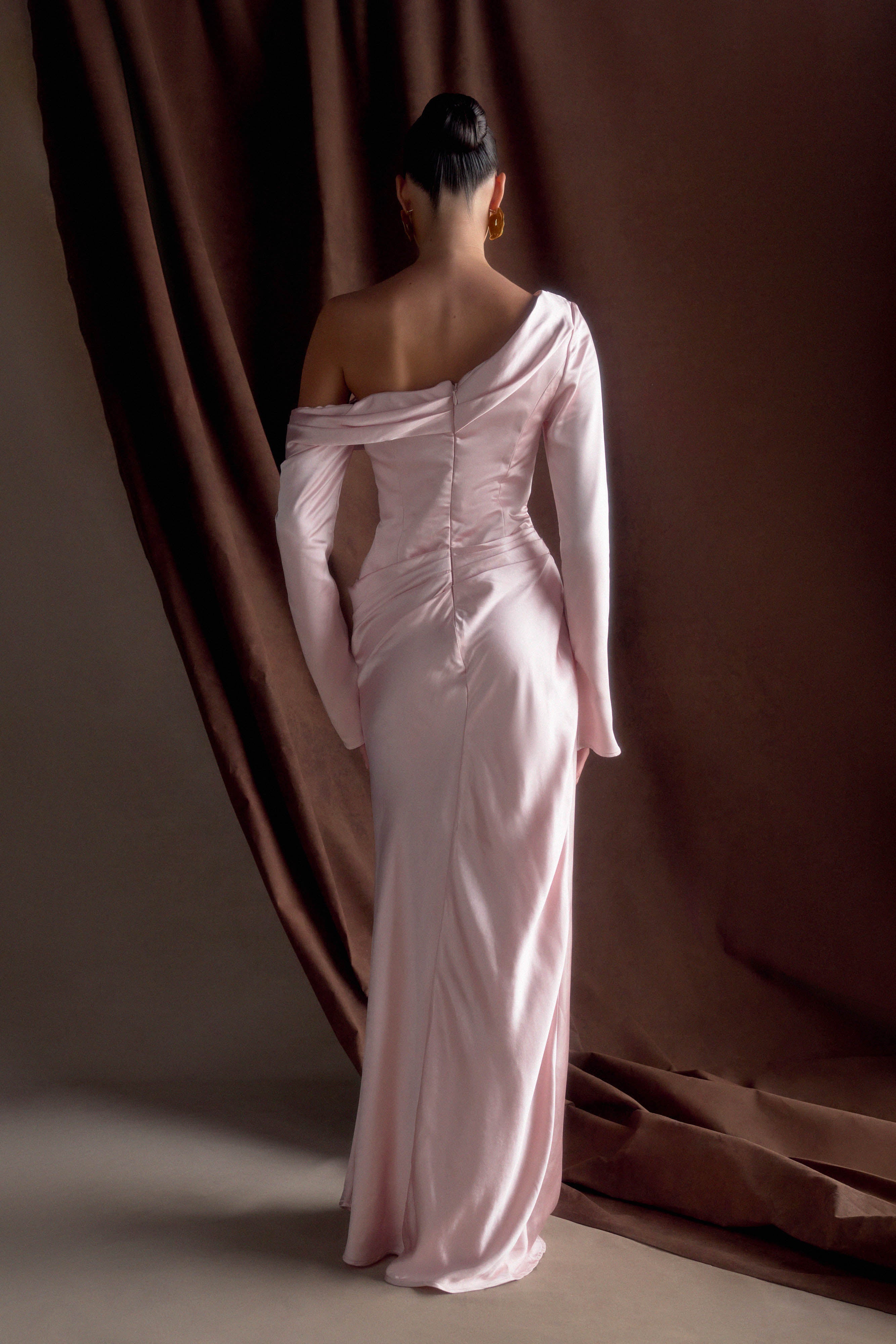 Elegant Iris Long Sleeve Satin Maxi Dress in Soft Pink - Perfect for Weddings, Parties & Special Occasions