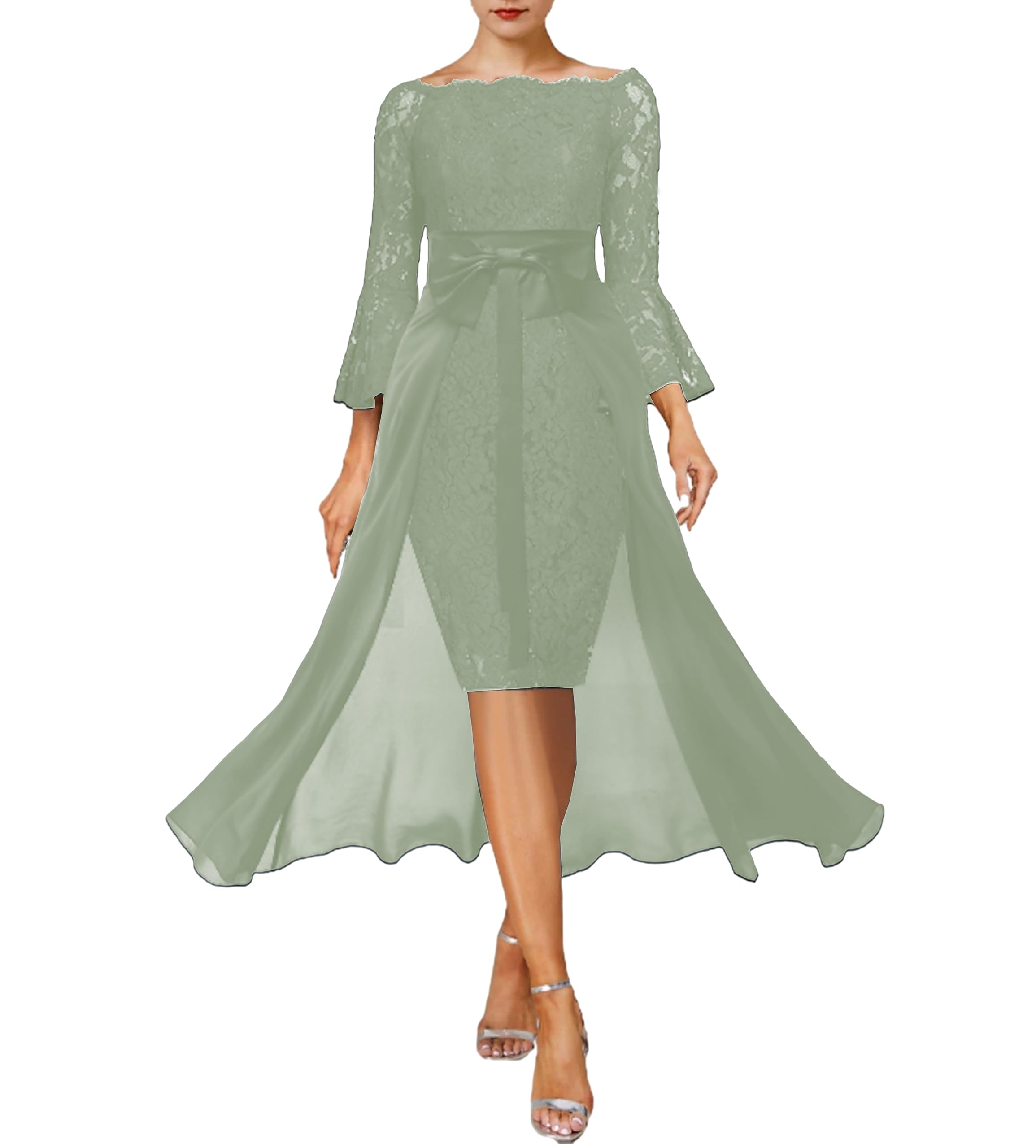 Elegant Dusty Sage Lace Wedding Guest Dress for Women - 3/4 Sleeve V-Neck Sheath Mother of The Bride Outfit with Bow | Perfect for Weddings, Parties & Special Occasions