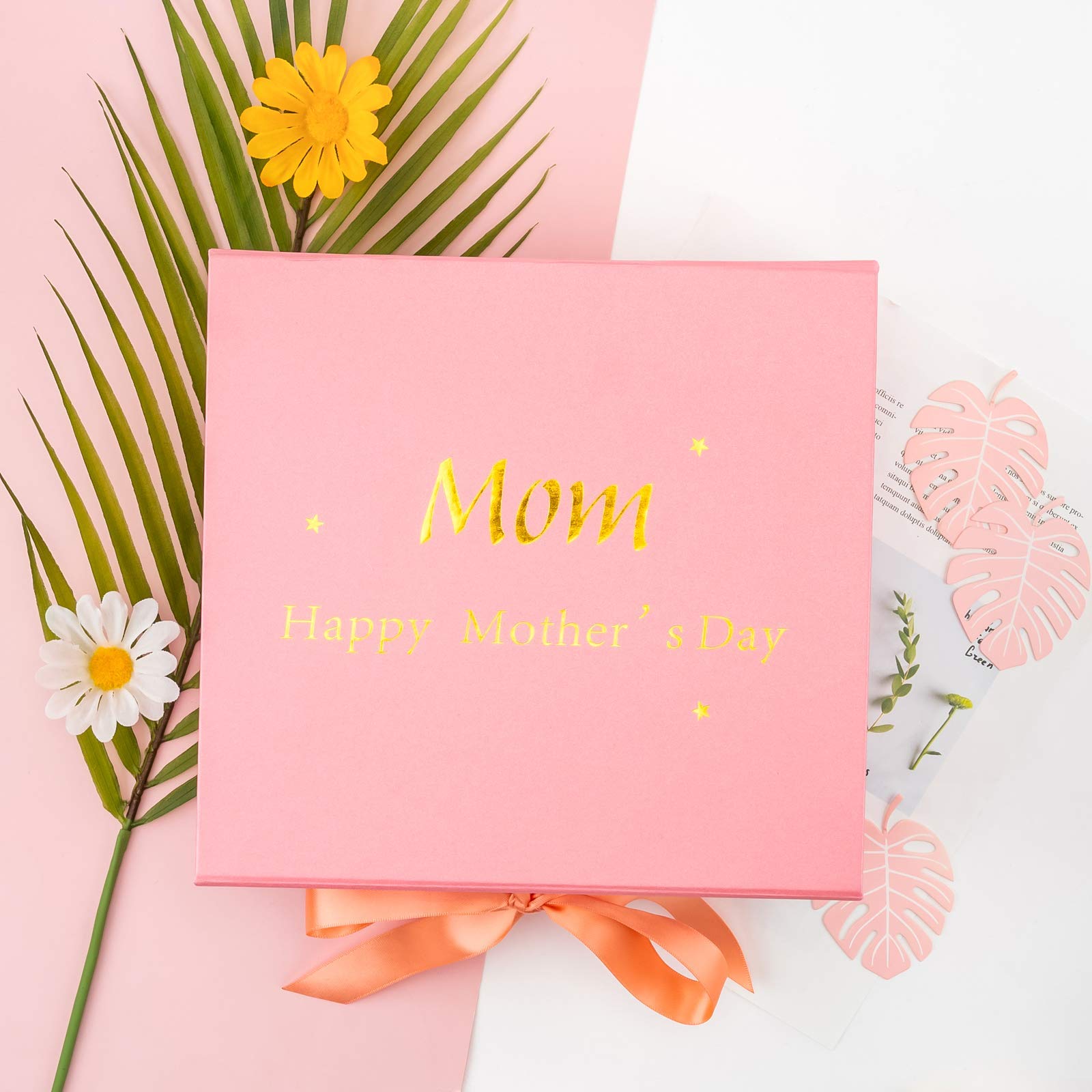 WRAPAHOLIC 8x8x4 Inch Pink Mother's Day Gift Box with Satin Ribbon - Collapsible Magnetic Closure Box Includes 2 White Tissue Papers - Perfect for Gift Wrapping, Jewelry, Cosmetics & Special Occasion Presents