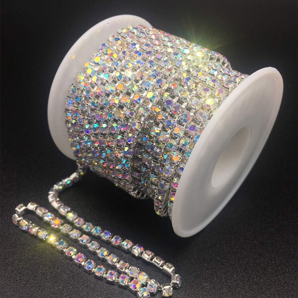 Dowarm 10 Yards Rhinestone Chain Roll - SS12 3MM Crystal AB Sew-on Trim for DIY Clothing, Wedding Dresses, Costumes & Accessories | Sparkling Claw Cup Chain for Embellishing Crafts & Home Decor