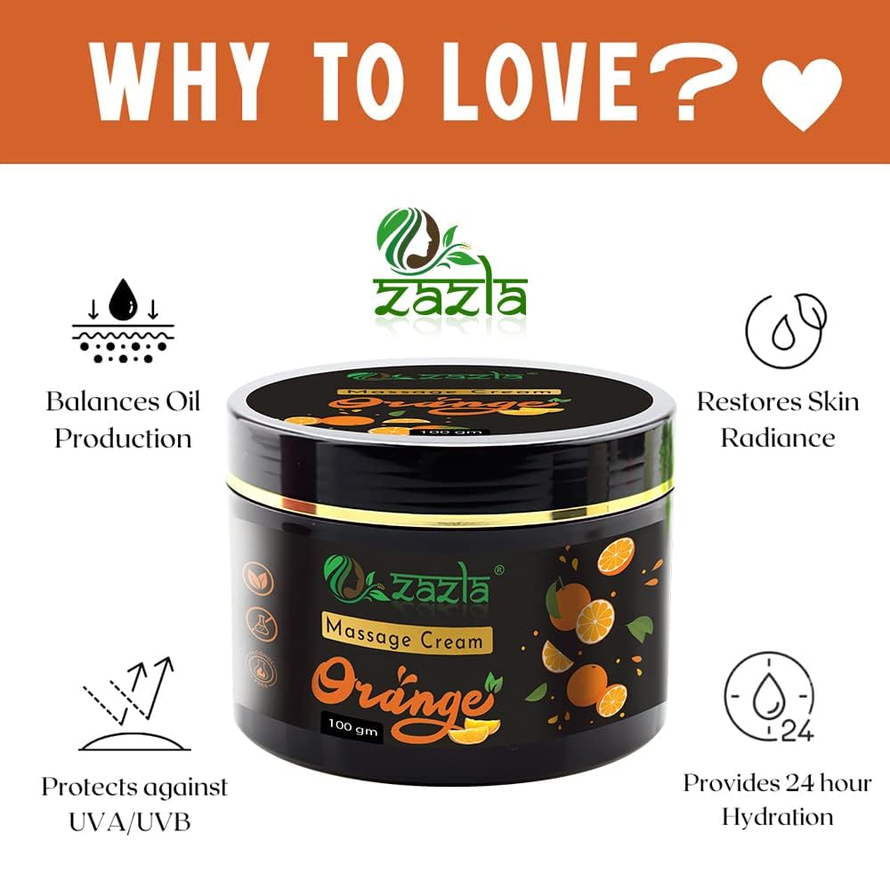Zazla Orange Massage Cream for Face & Body - Moisturizing, Whitening & Brightening Cream - Softening & Nourishing Facial & Body Lotion (100g) | Perfect for Daily Skincare, Spa Treatments & At-Home Relaxation