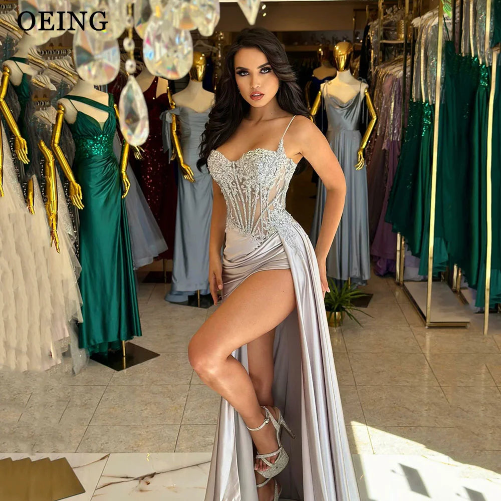 Elegant Silver Mermaid Prom Dress with Spaghetti Straps & High Slit - Formal Evening Gown for Homecoming, Pageants & Special Occasions