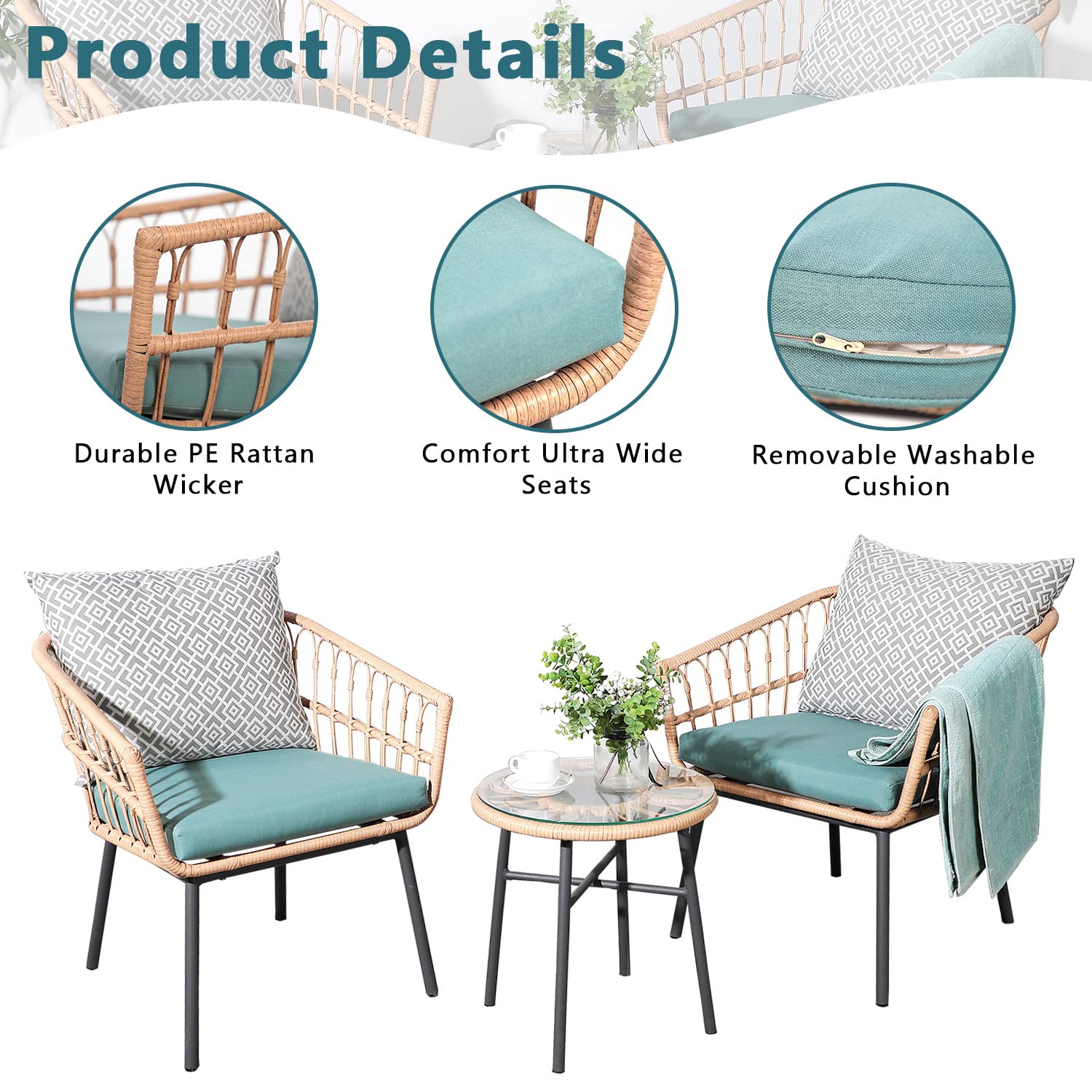 Wood-it 3-Piece Patio Furniture Set - Outdoor Bistro Conversation Set with Tempered Glass Coffee Table & Wicker Chairs - Perfect for Garden, Balcony, Backyard, Poolside & Patio (Green) - Ideal for Relaxing, Entertaining & Outdoor Dining