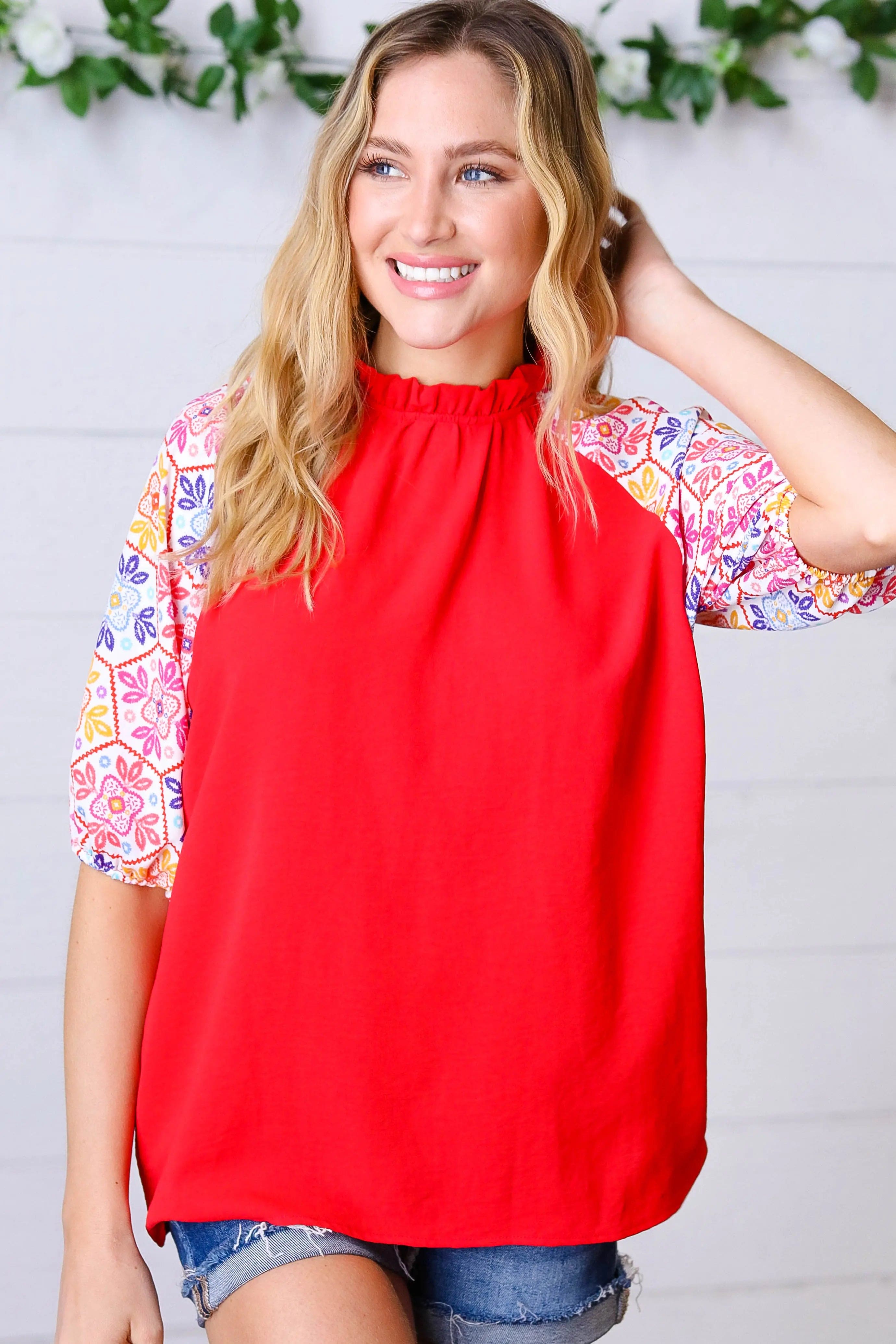 Cardinal Red Frilled Mock Neck Floral Puff Sleeve Blouse - Elegant Women's Fashion Top for Parties, Dates & Special Occasions