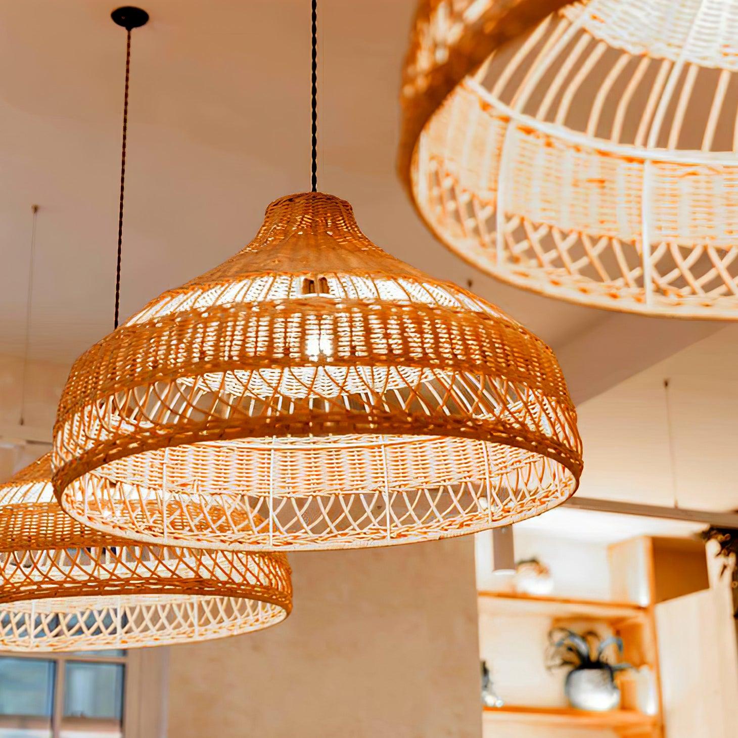 Handwoven Rattan Dome Pendant Light - Boho Chic Ceiling Fixture for Living Room, Bedroom & Dining Area