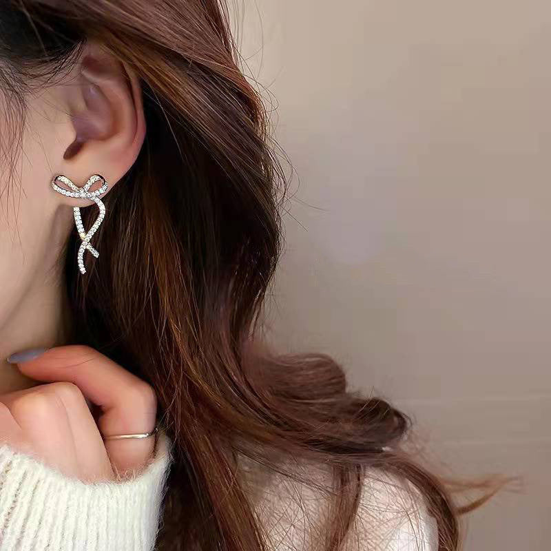 Sparkly Ribbon Bow Irregular Ear Jacket Earrings for Women - Trendy Dangle Drop Earrings for Parties, Weddings & Special Occasions | A8208