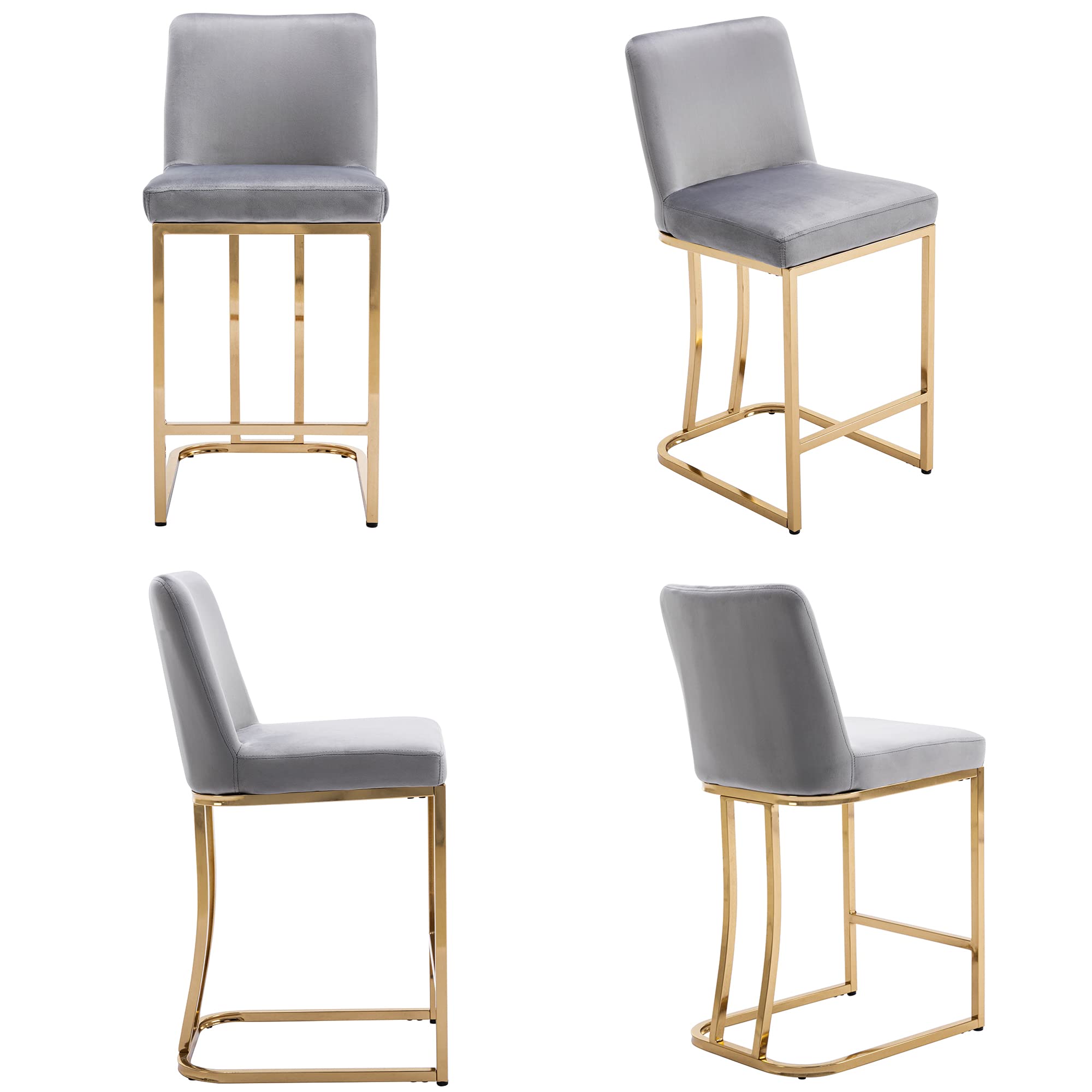 Modern Velvet Upholstered Counter Height Bar Stools Set of 4 - 24 Inch Kitchen Island Stools with Golden Metal Frame, Grey Velvet - Perfect for Home Bar, Kitchen Counter, Dining Room & Pub Decor