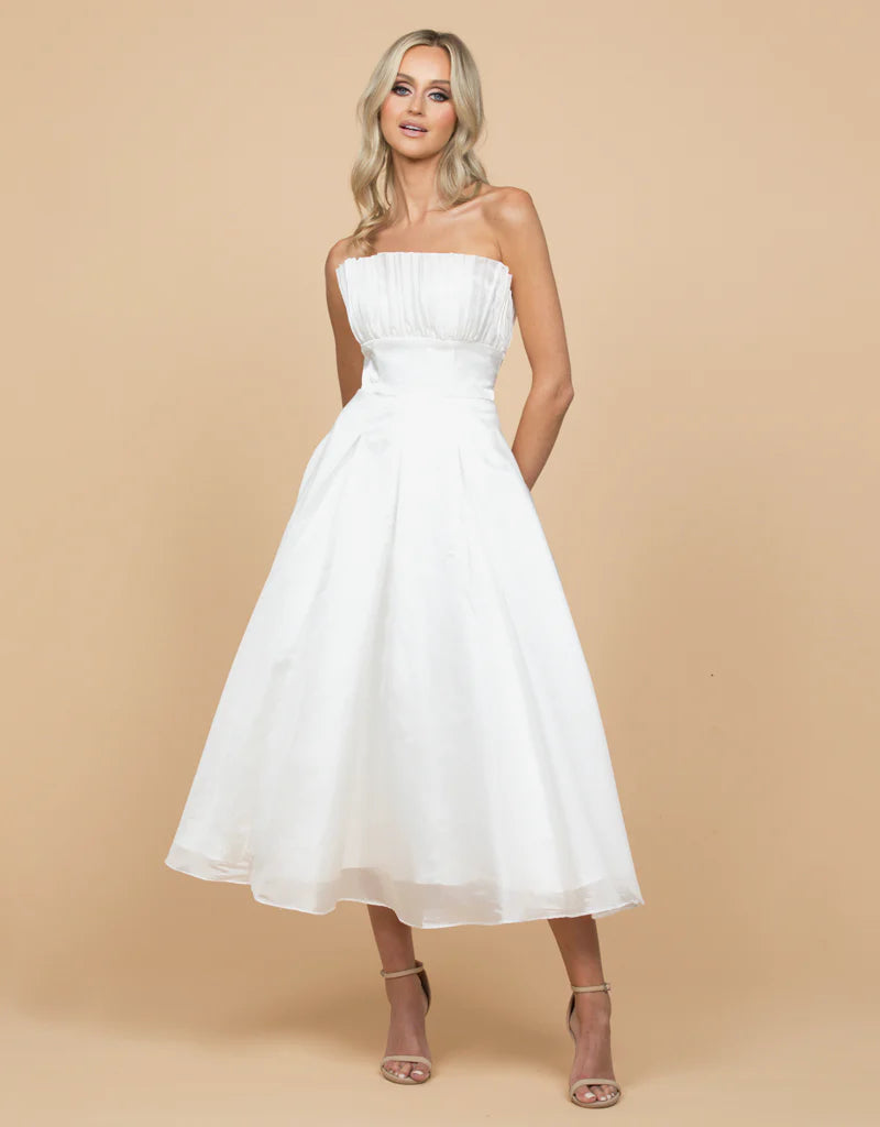 Farra Strapless Ruffle A-Line Dress for Women - Elegant Ruffled Neckline & Flowy Skirt | Perfect for Weddings, Parties & Special Occasions