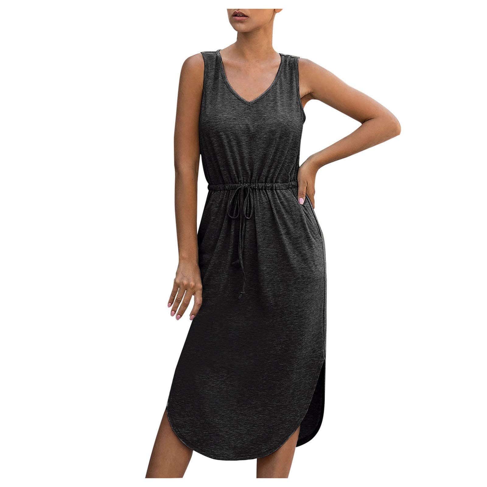 Elegant Women's Tie Neck Vest Dress for Wedding Guest - Casual Solid Color with Pockets | Perfect for Cocktail Parties, Bridal Showers & Summer Events