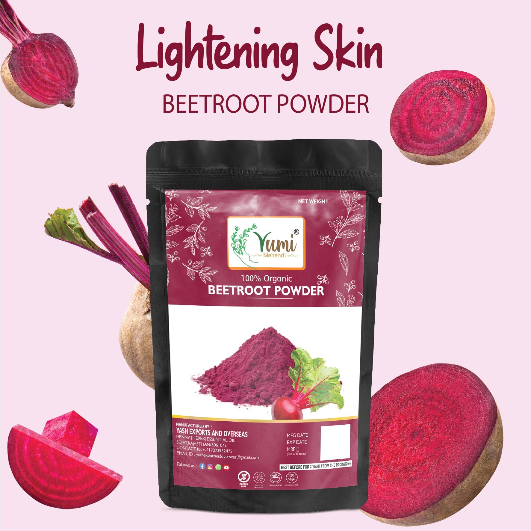 Yumi Mehendi 100% Pure Natural Beetroot Powder for Face, Skin & Hair Care - 100g Chemical-Free | Brightening Face Mask for Glowing Skin | DIY Beauty Treatments & Organic Skincare Routine
