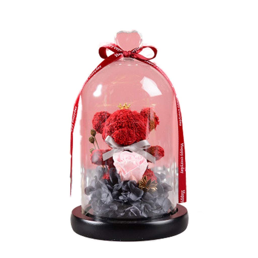 JSY Eternal Rose in Glass Dome - Love Bear Gift Box with Dried Flowers for Valentine's Day, Halloween & Home Decor (Color C) | Romantic Gifts, Wedding Centerpiece, Anniversary Present