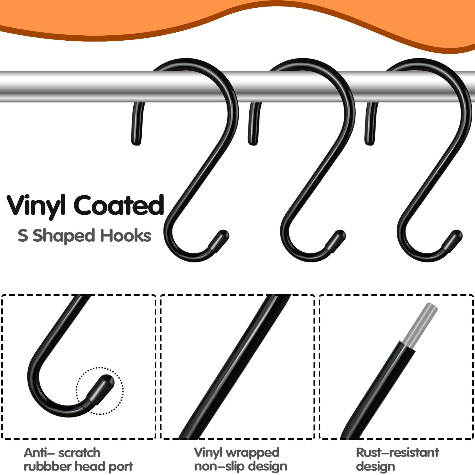 4.5 Inch Heavy Duty Vinyl Coated S Hooks - 10 Pack Non-Slip Black Rubber Hanging Hooks for Plants, Clothes, Bags & Kitchenware - Perfect for Closet, Garage & Outdoor Organization