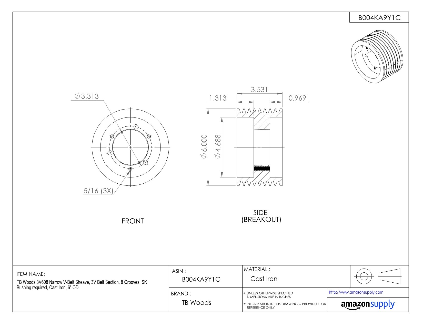 3V568 Narrow V-Belt Sheave - 3V Belt Section, 8 Grooves, Cast Iron Pulley (5.6