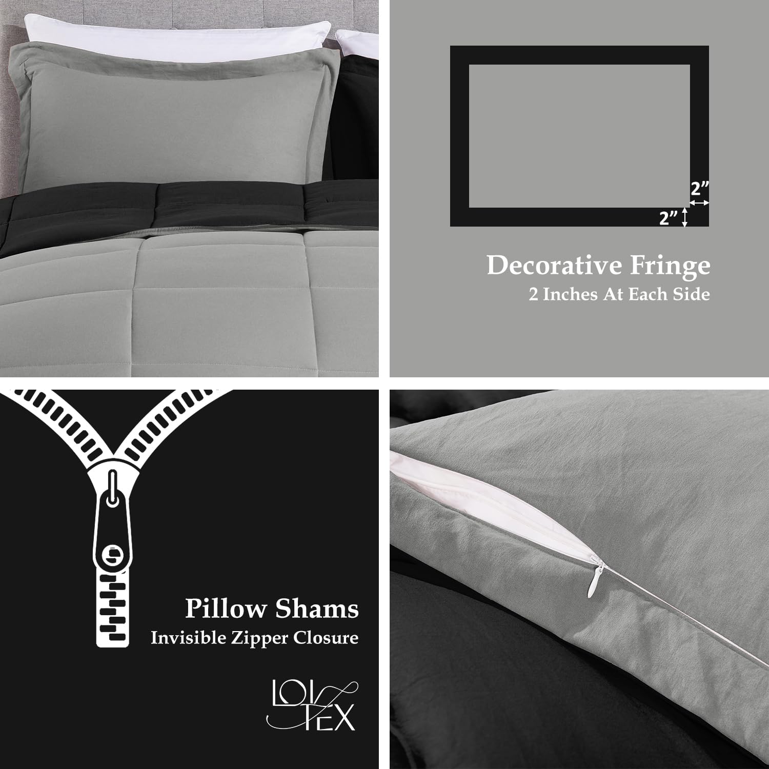 LOVTEX 3-Piece Queen Size Comforter Set - Ultra Soft Washed Microfiber Reversible Down Alternative Bedding in Black & Gray - Includes Comforter & 2 Pillow Shams | Perfect for Master Bedroom, Guest Room & Cozy Winter Nights