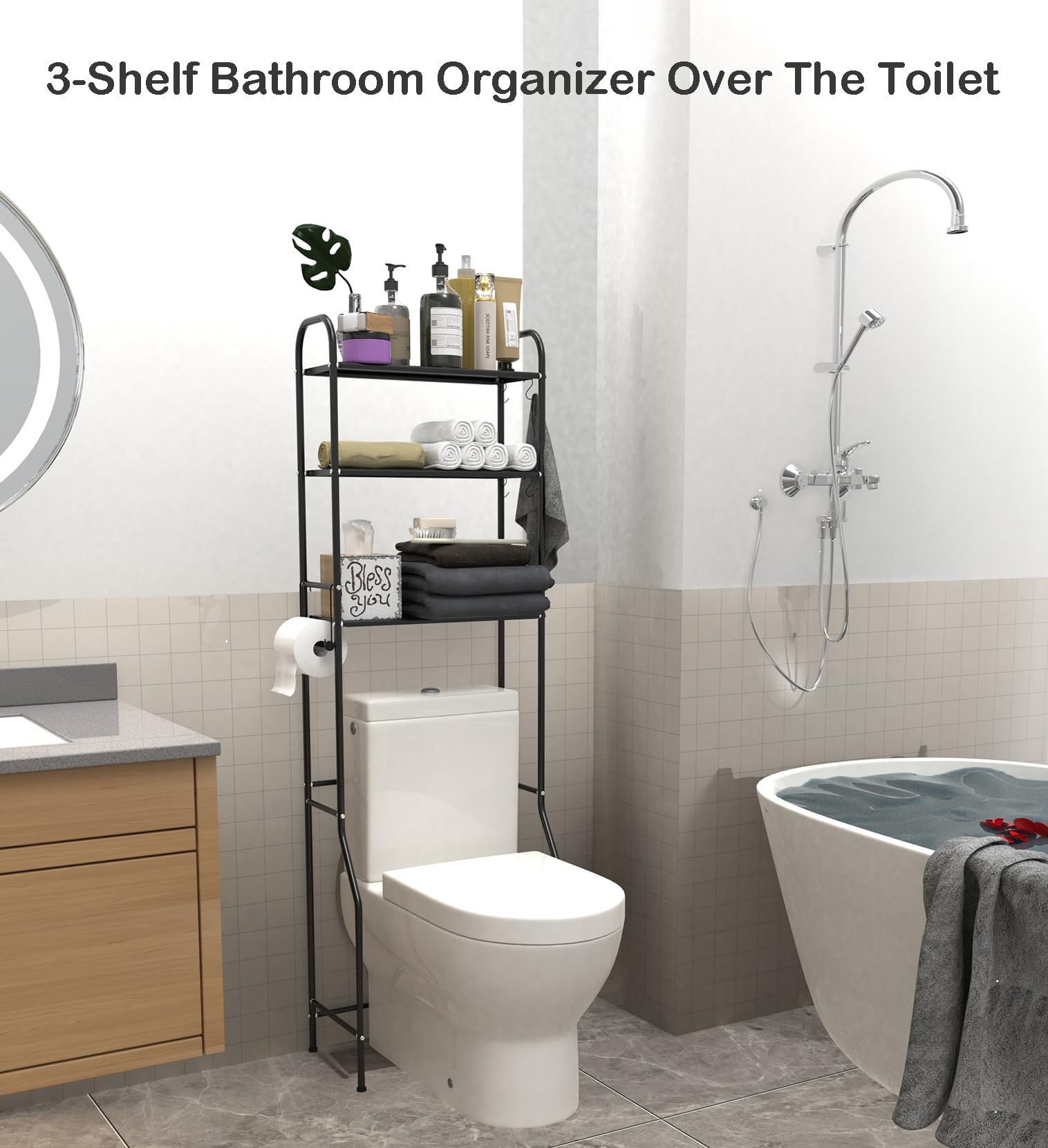 3-Tier Over The Toilet Storage Shelf - Adjustable Height Bathroom Organizer with Paper Holder & 4 Hooks | Space-Saving Metal Rack for Towels,Toiletries & Decor | Perfect for Small Bathrooms,Apartment Living & Guest Bath Organization