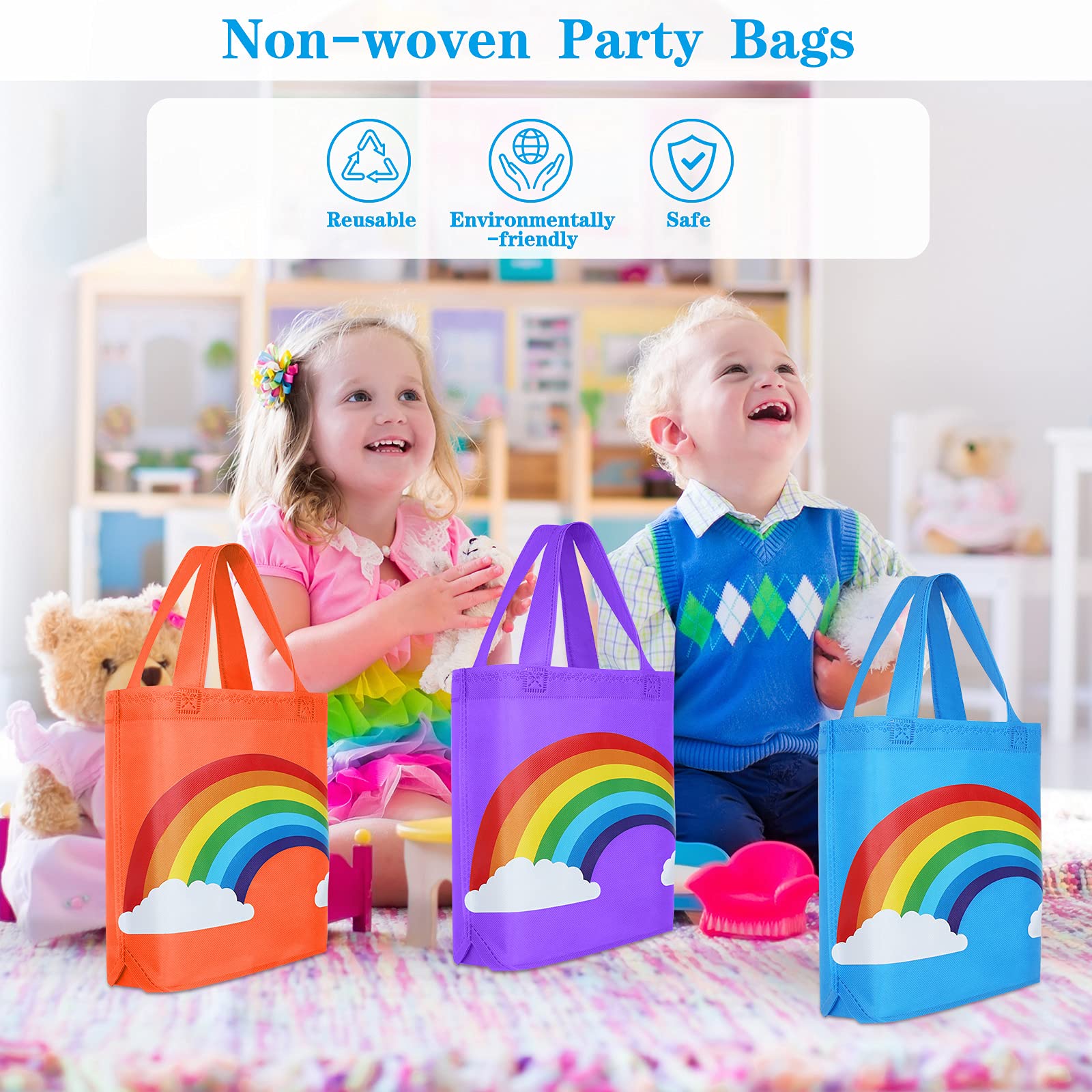 24-Piece Rainbow Non-Woven Reusable Gift Bags Set - 9.8x9.8x3.1 Inch Party Favor Bags with Handles for Kids Birthday, Wedding, Baby Shower & Holiday Celebrations - Perfect for Candy, Treats, Small Gifts & Party Favors
