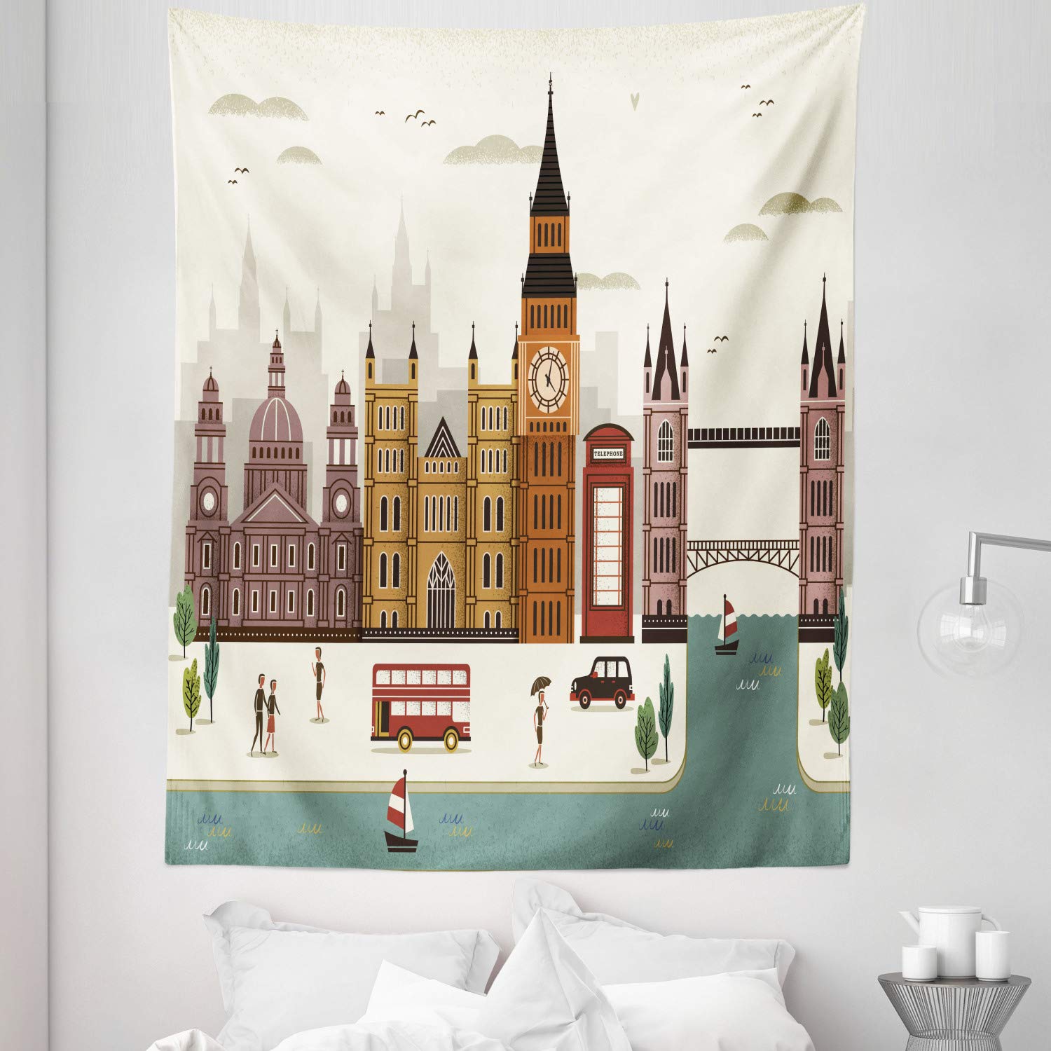 Ambesonne London Tapestry - Twin Size Travel Scenery Wall Hanging with Big Ben & Telephone Booth | Famous England Westminster City Design | 68x88 Inch Multicolor Bedspread, Bed Cover & Wall Decor for Home, Dorm Room & Gift