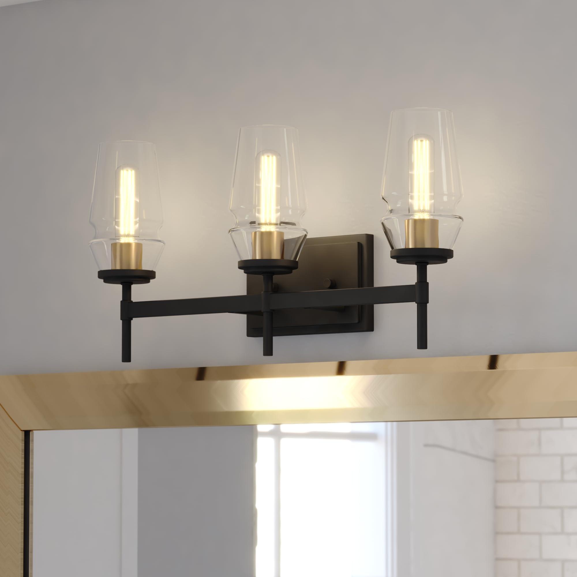 3-Light Black and Brass Mid Century Modern Bathroom Vanity Wall Sconce with Clear Glass Shades - Perfect for Vintage Style Bathrooms, Powder Rooms and Spa Retreats